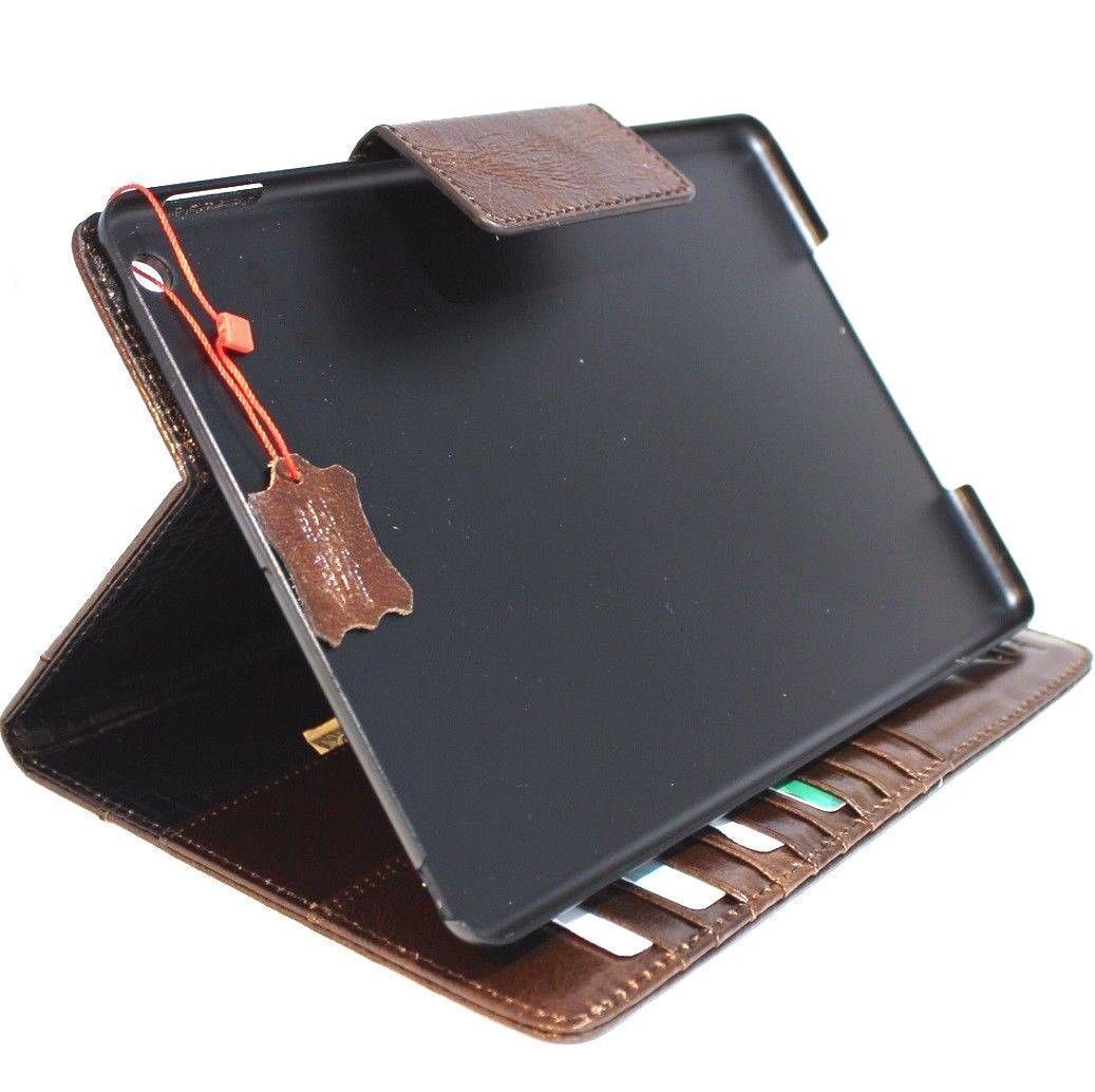 Brown genuine leather iPad 9.7 case by DAVISCASE with card slots, slim design, magnetic closure, compatible with 2017 and 2018 models.