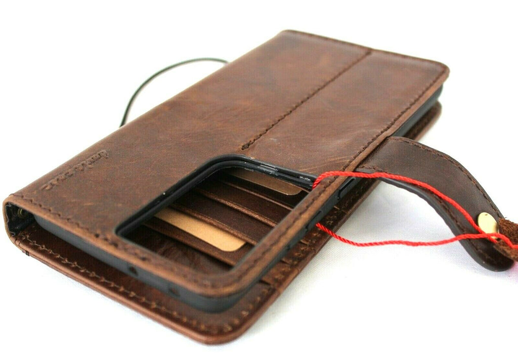 Dark brown DAVISCASE genuine top grain leather phone case for Samsung Galaxy S21 Ultra 5G, handmade wallet style with rubber holder.