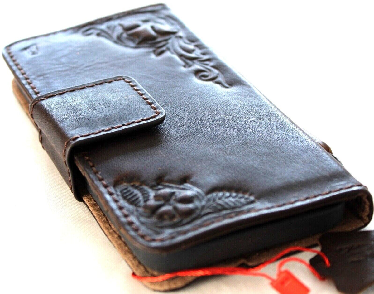 Handmade genuine leather phone case for iPhone 11-15 Pro Max, with ID window and credit card slots, vintage style by DAVISCASE.