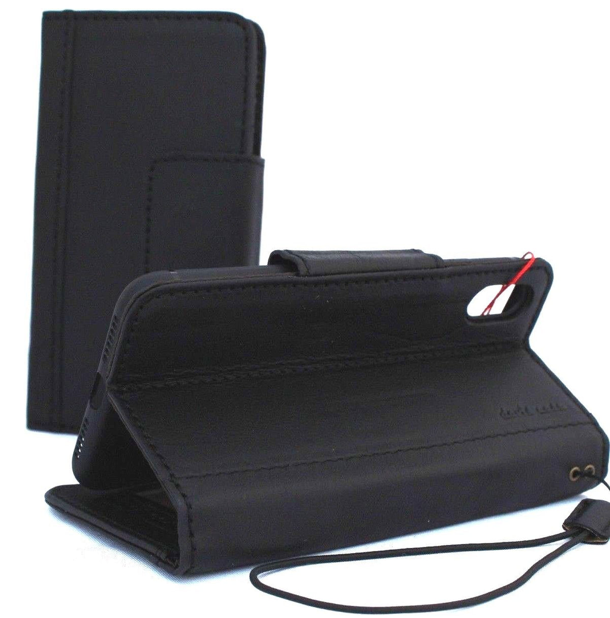 Black genuine leather iPhone XS MAX wallet case with magnet closure, card slots, slim vintage design by Daviscase
