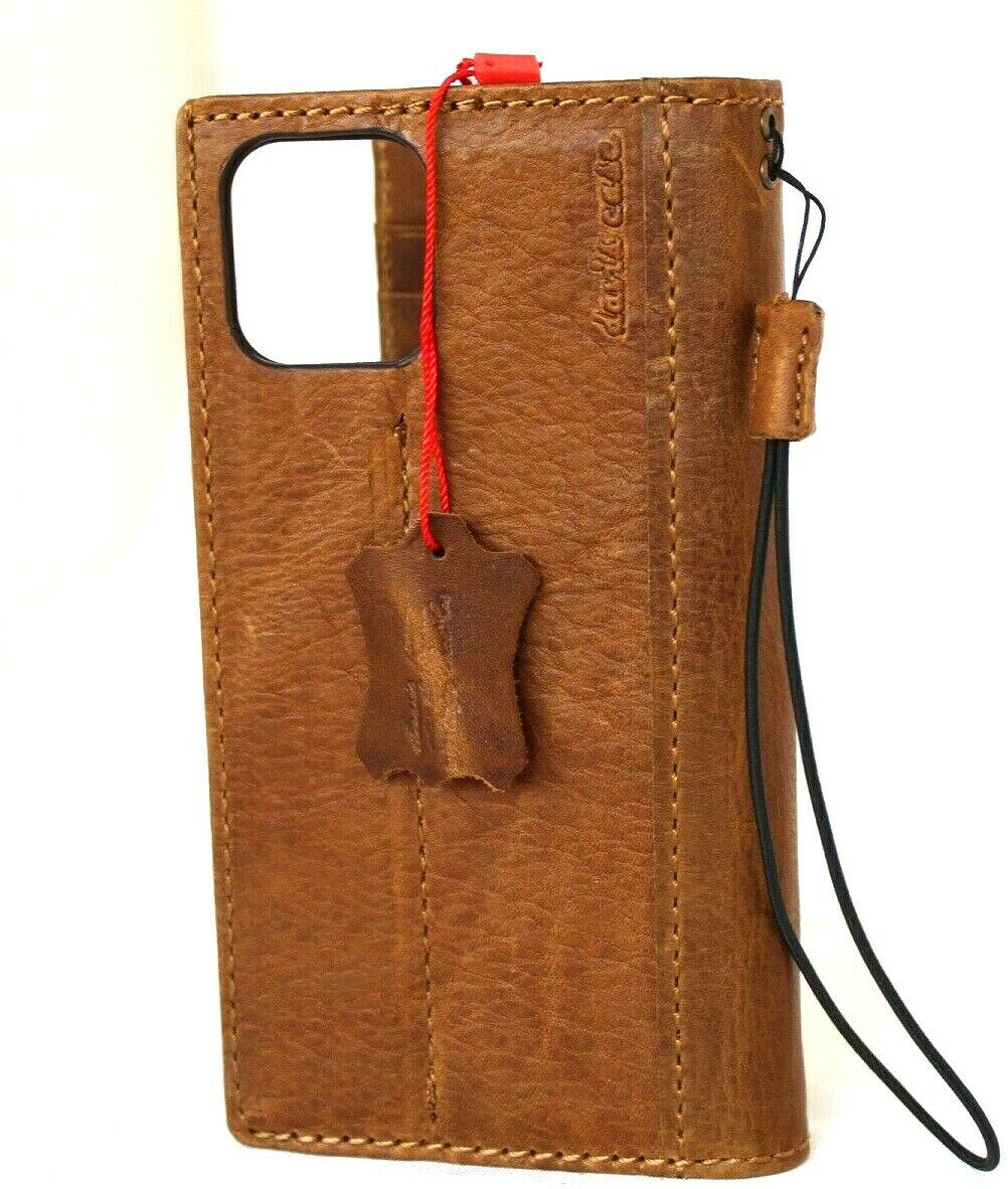 Genuine full tan leather iPhone 12 Pro Max wallet case with ID window and credit card slots by DAVISCASE, soft full grain leather.