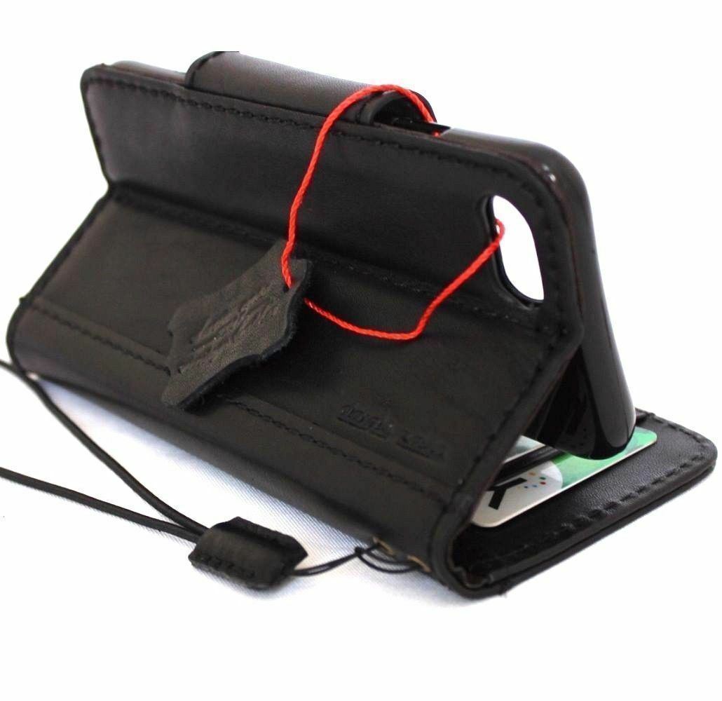 DavisCase genuine black leather iPhone SE 2 2020 wallet cover with card slots, magnetic closure, and soft interior for wireless charging.