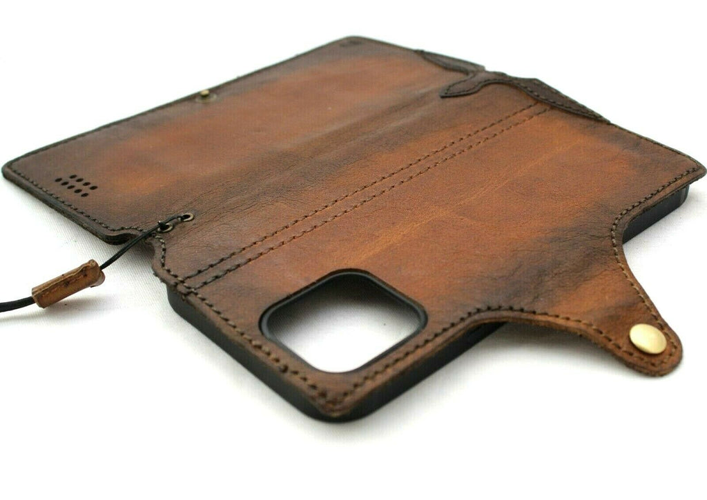 DAVISCASE genuine leather phone wallet case for iPhone 11-15 Pro Max, with credit card slots, vintage soft cover, full grain leather