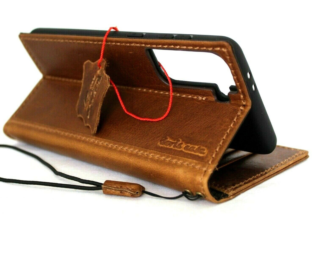 Tan genuine leather wallet case for Samsung Galaxy S21 Plus 5G by DAVISCASE with card slots, ID window, and wireless charging compatibility