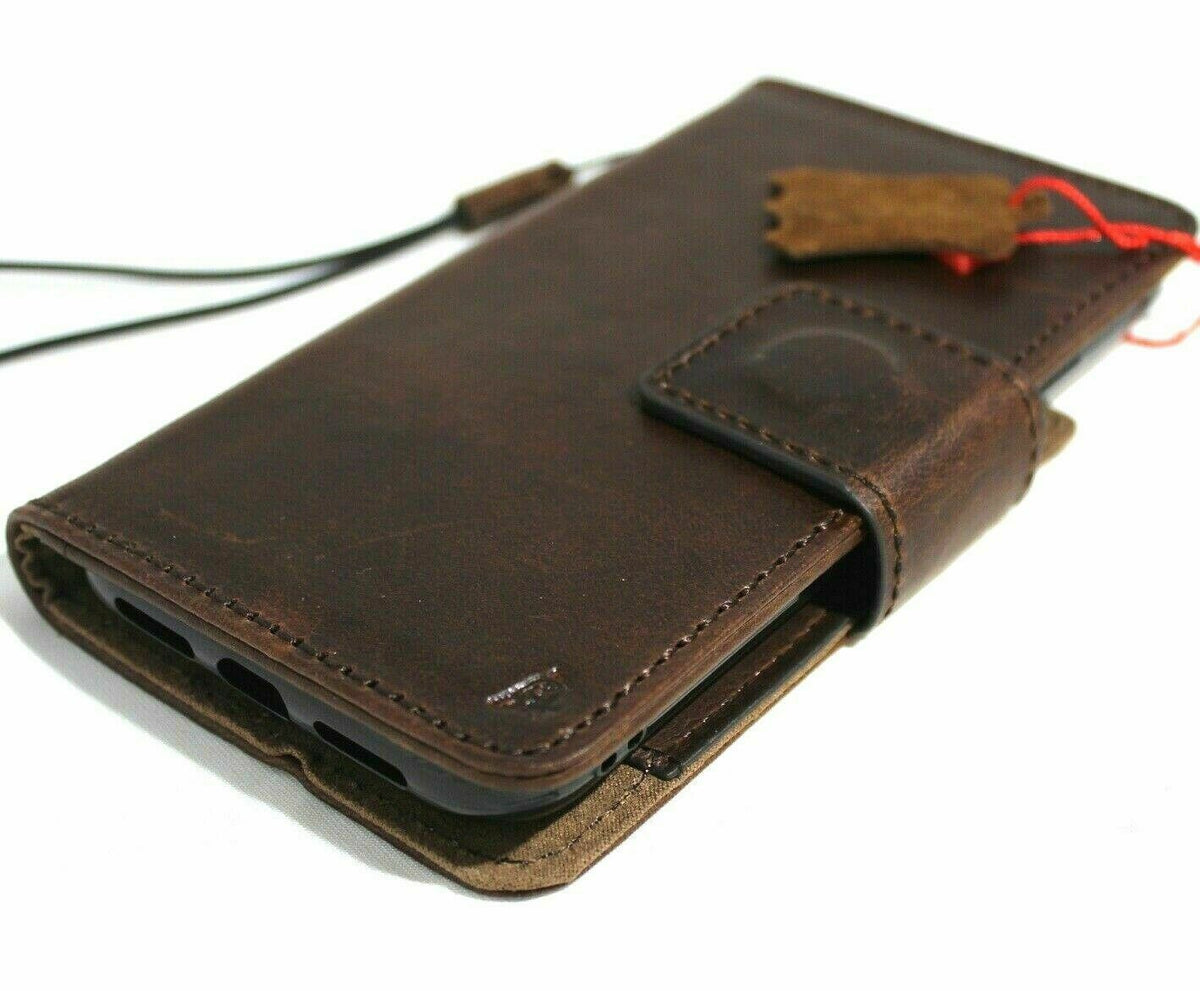 Genuine dark leather iPhone SE 2 case by DAVISCASE with detachable wallet, card slots, ID window, rubber holder, strap, wireless charging