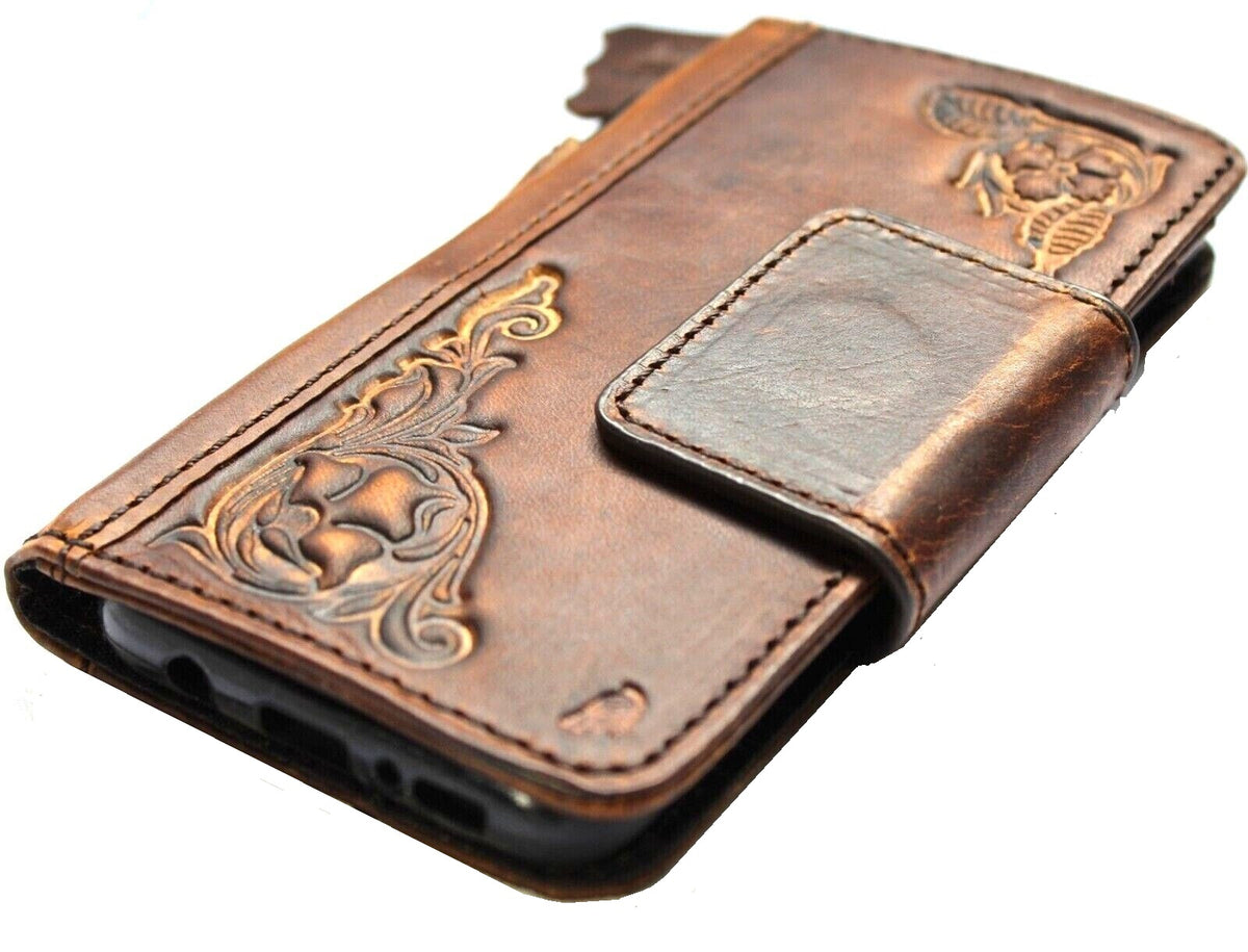 Handmade genuine leather wallet case for iPhone 11 to 15 Pro Max, with ID window, credit card slots, vintage style, DAVISCASE.