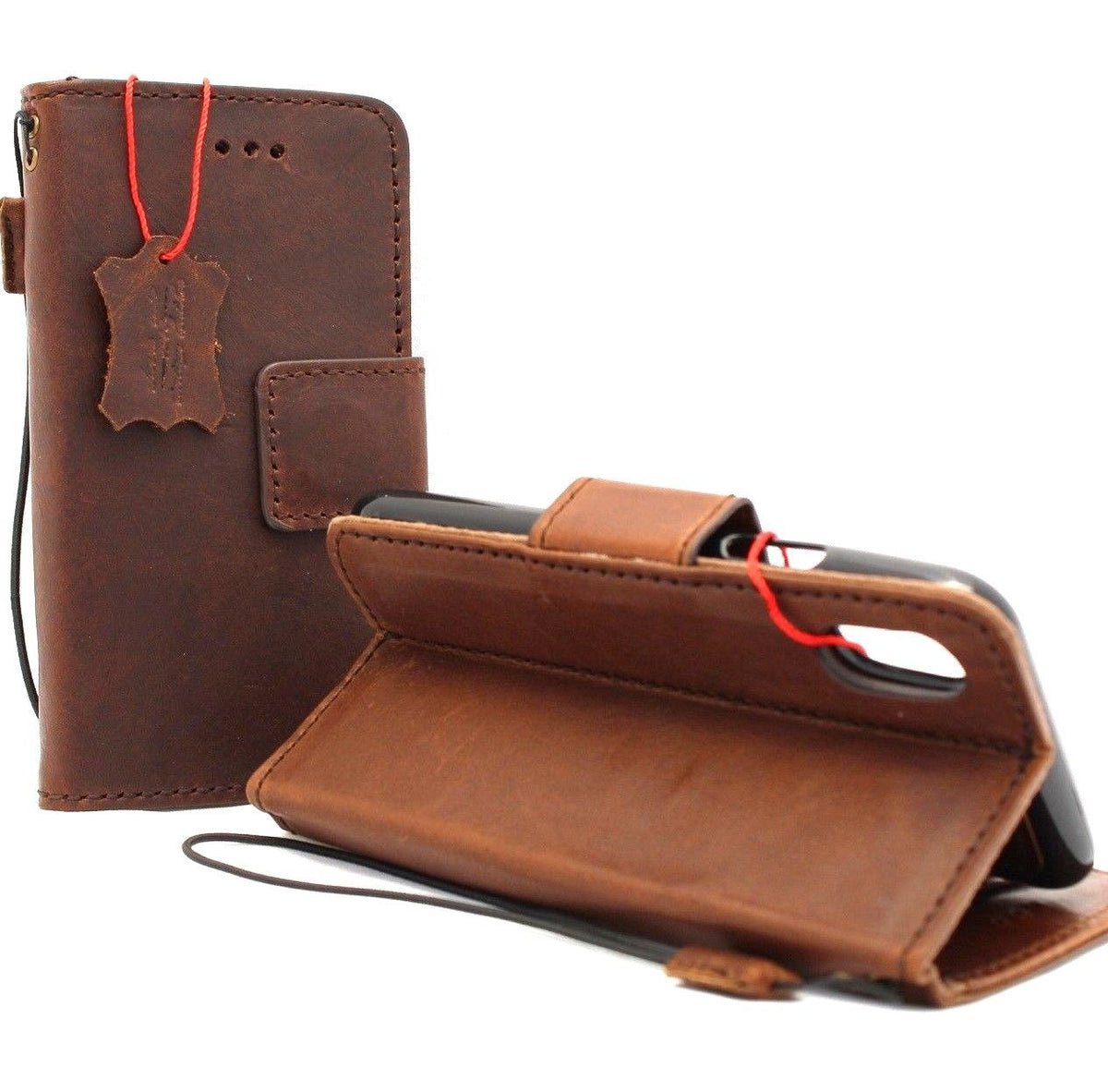 Vintage tan leather iPhone XS Max case cover with wallet and credit holder, magnetic book design, handmade by vendor-unknown.