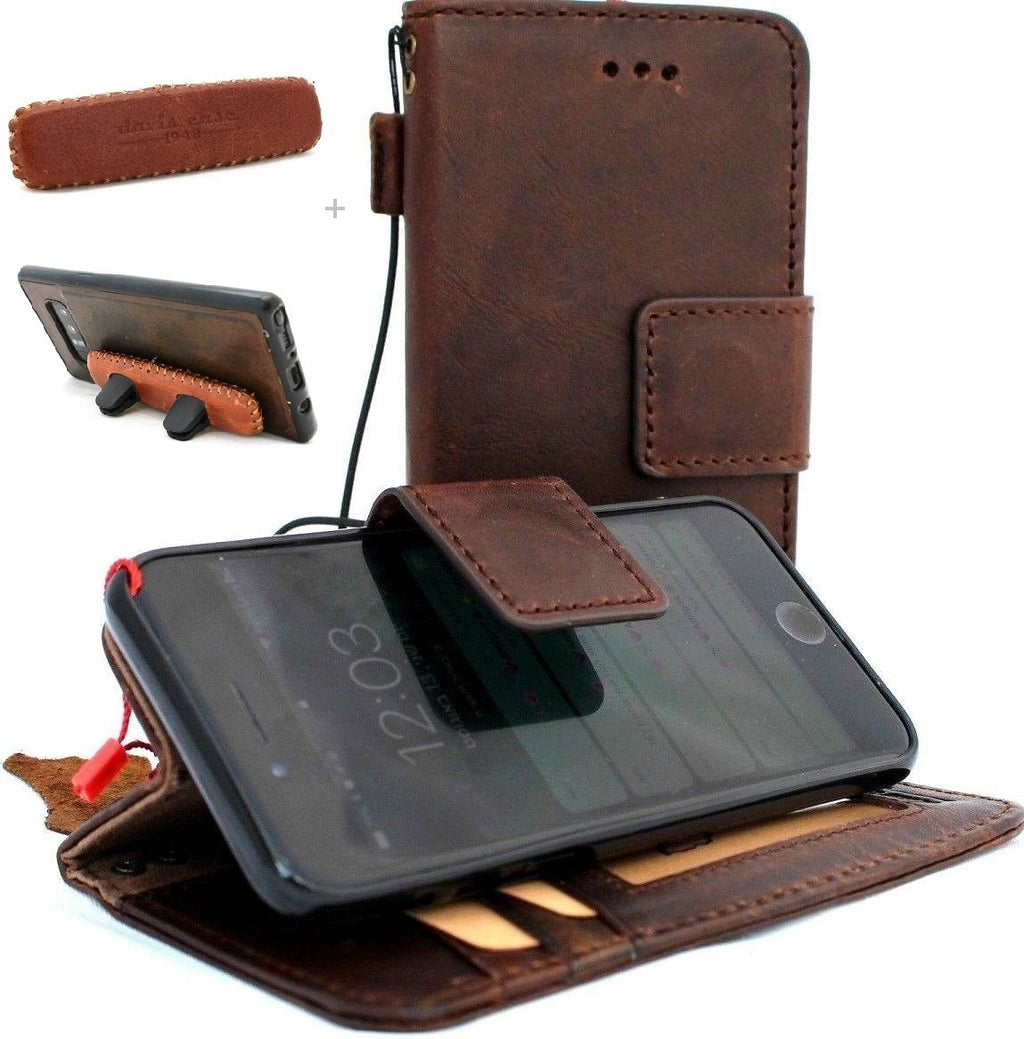 Vintage leather iPhone XR case by DAVISCASE with wallet slots, magnetic car holder, and stand feature, crafted with premium oiled leather.