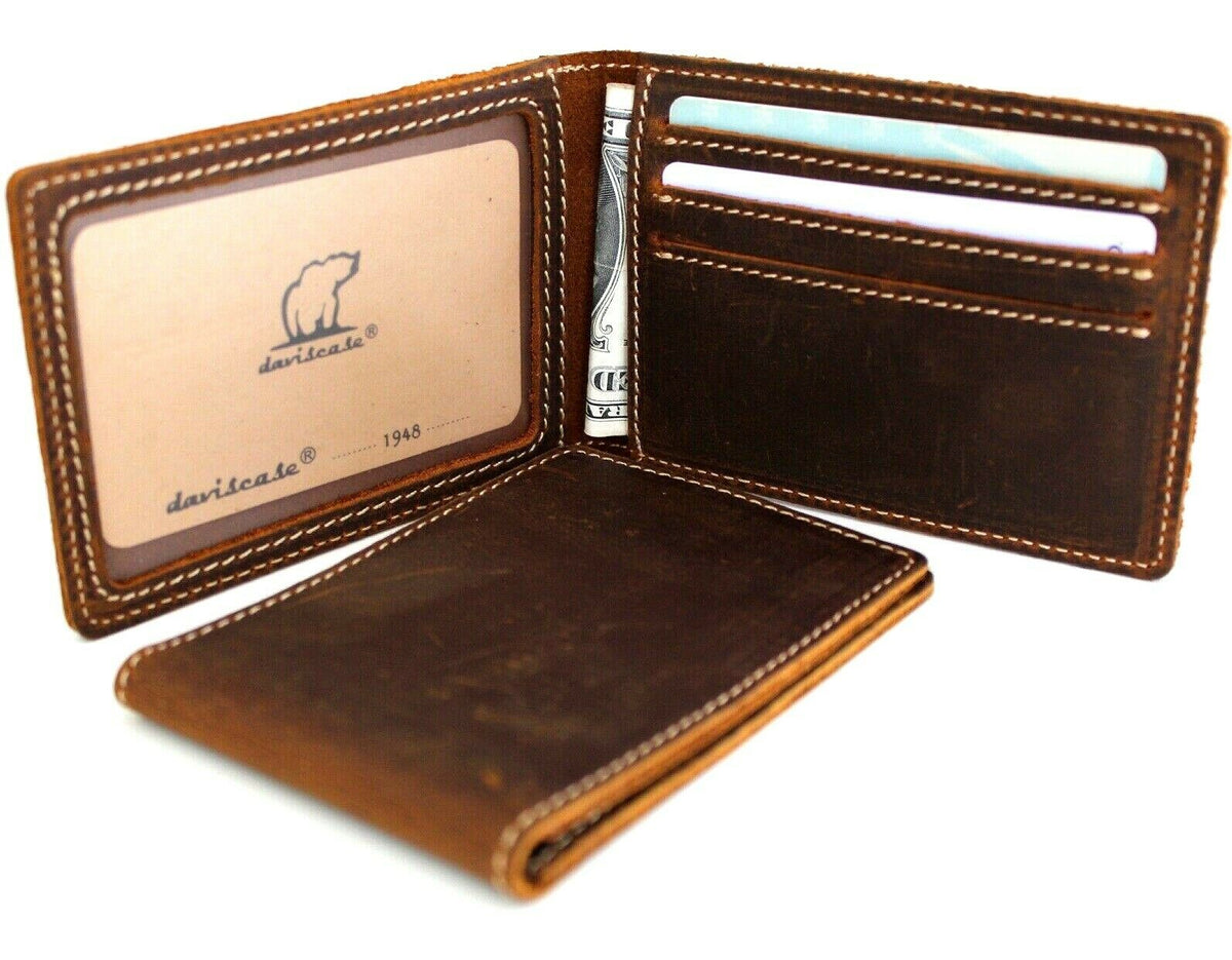 Men's genuine leather wallet by DAVISCASE with credit card slots, slim handmade design, oiled retro finish, and ID window.