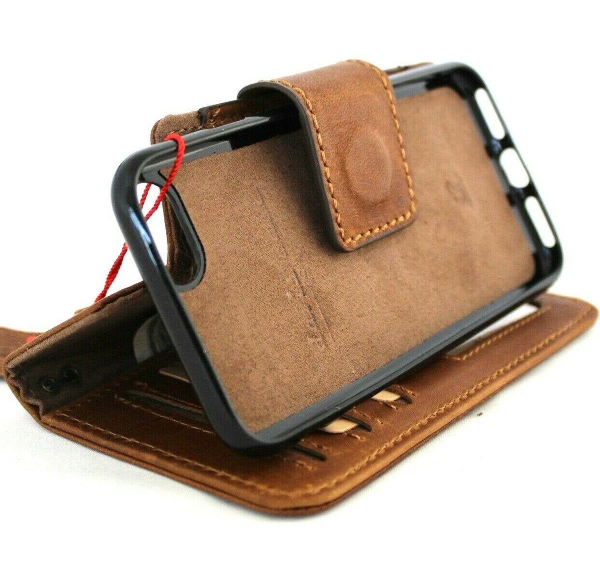 DavisCase genuine leather iPhone SE 2 (2020) wallet case with ID window, card slots, rubber holder strap, suitable for wireless charging