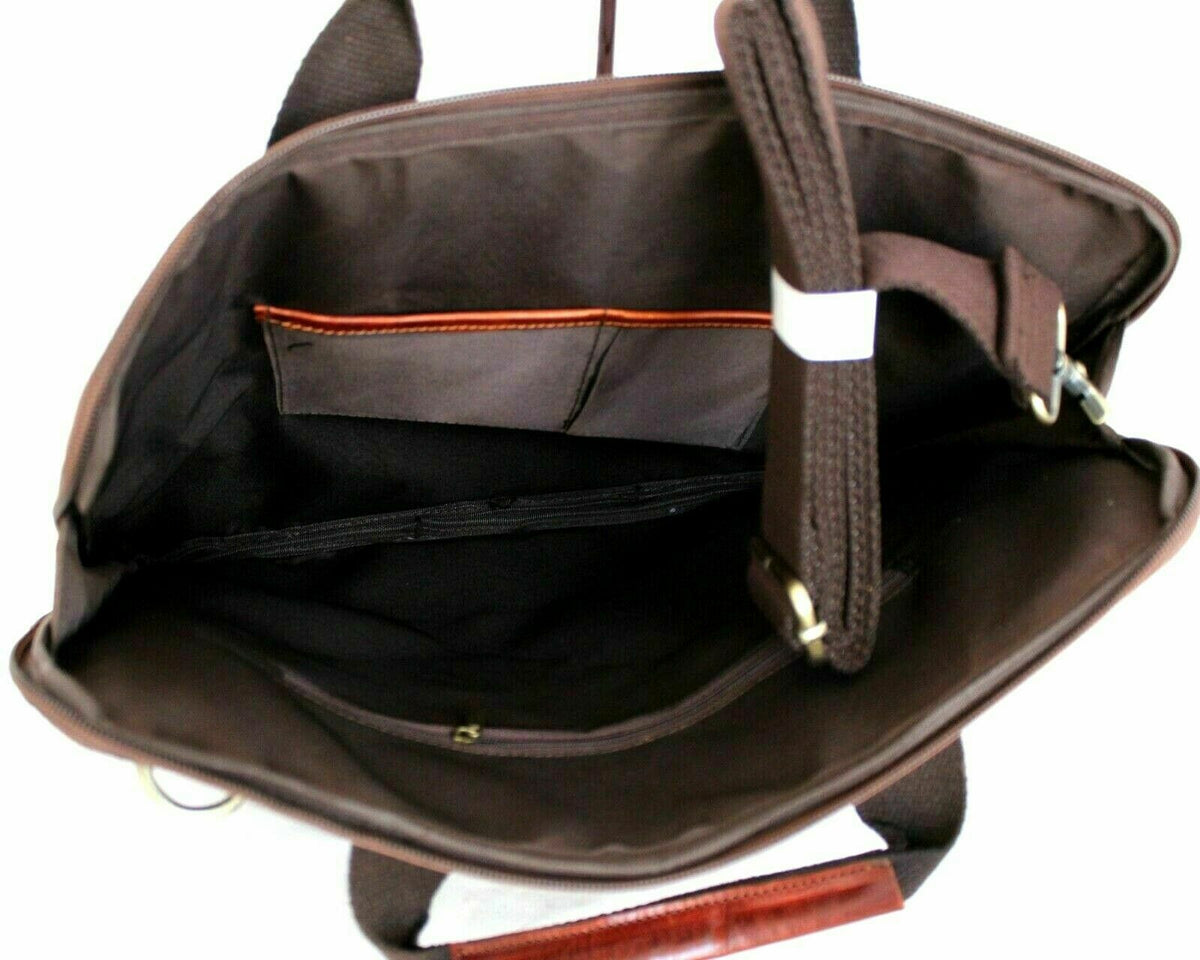 Brown genuine leather men's messenger bag by DAVISCASE, featuring a shoulder strap and compartments for laptop and iPad.