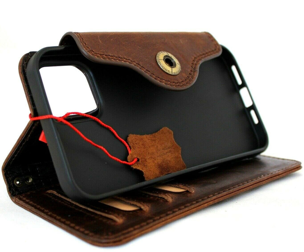 Genuine dark soft leather iPhone 12 Pro Max case by DAVISCASE with vintage book wallet style, credit card slots, slim closure, full grain leather