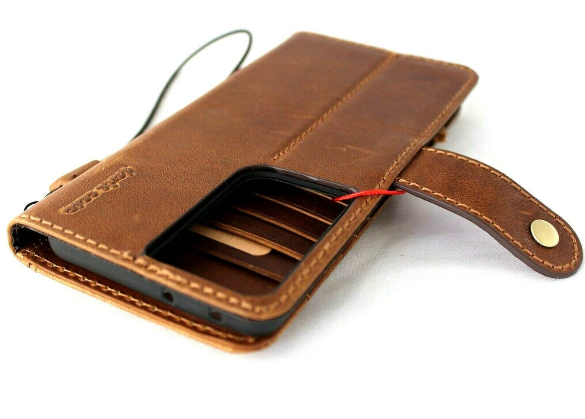 Genuine tan leather case for Samsung Galaxy S21 Ultra 5G by DAVISCASE, handmade wallet-style cover with rubber holder and wireless charging.