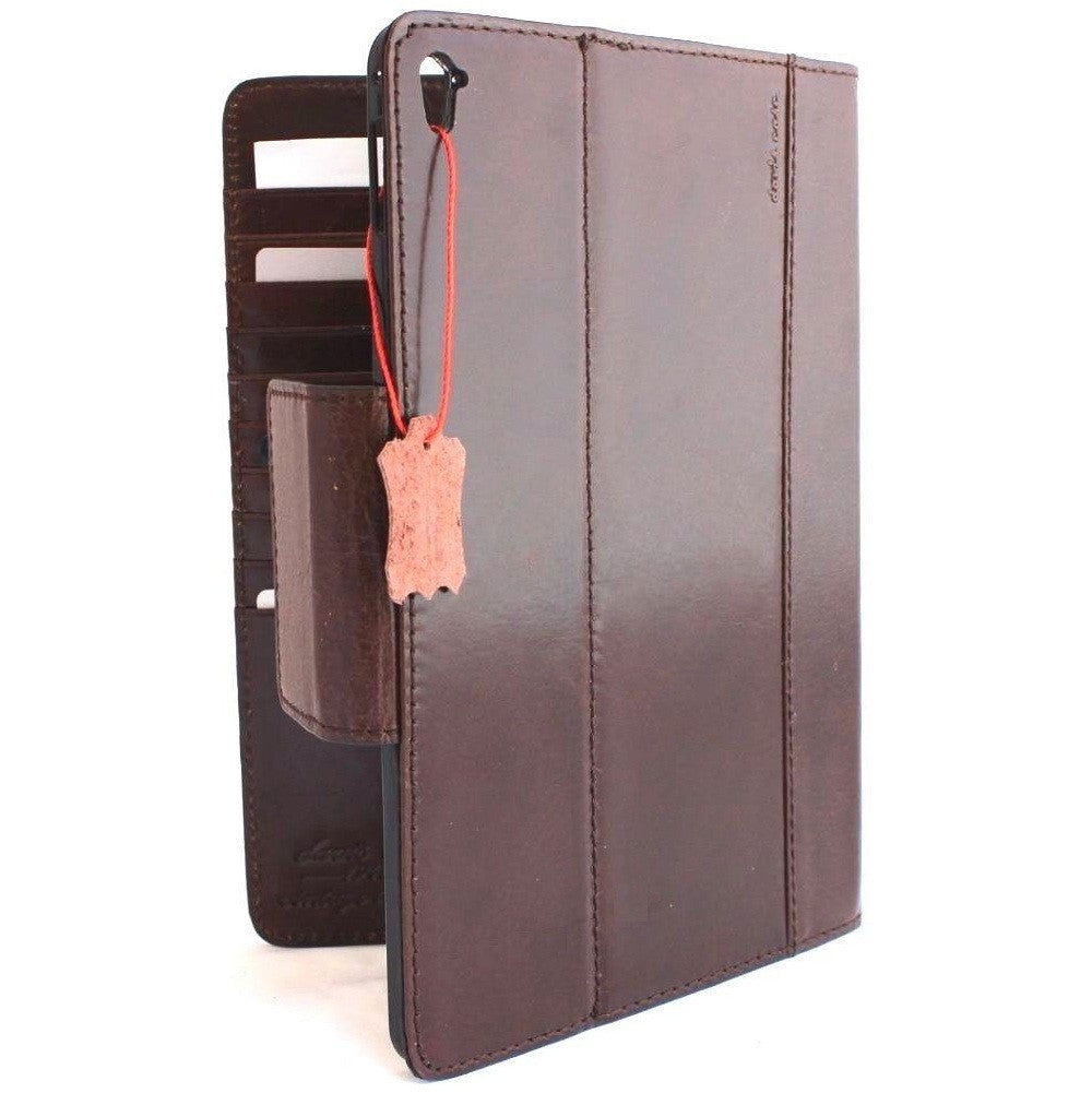 Brown genuine leather iPad Pro 9.7 case by DAVISCASE with card slots, flip cover, handbag stand, and slim rubber design.