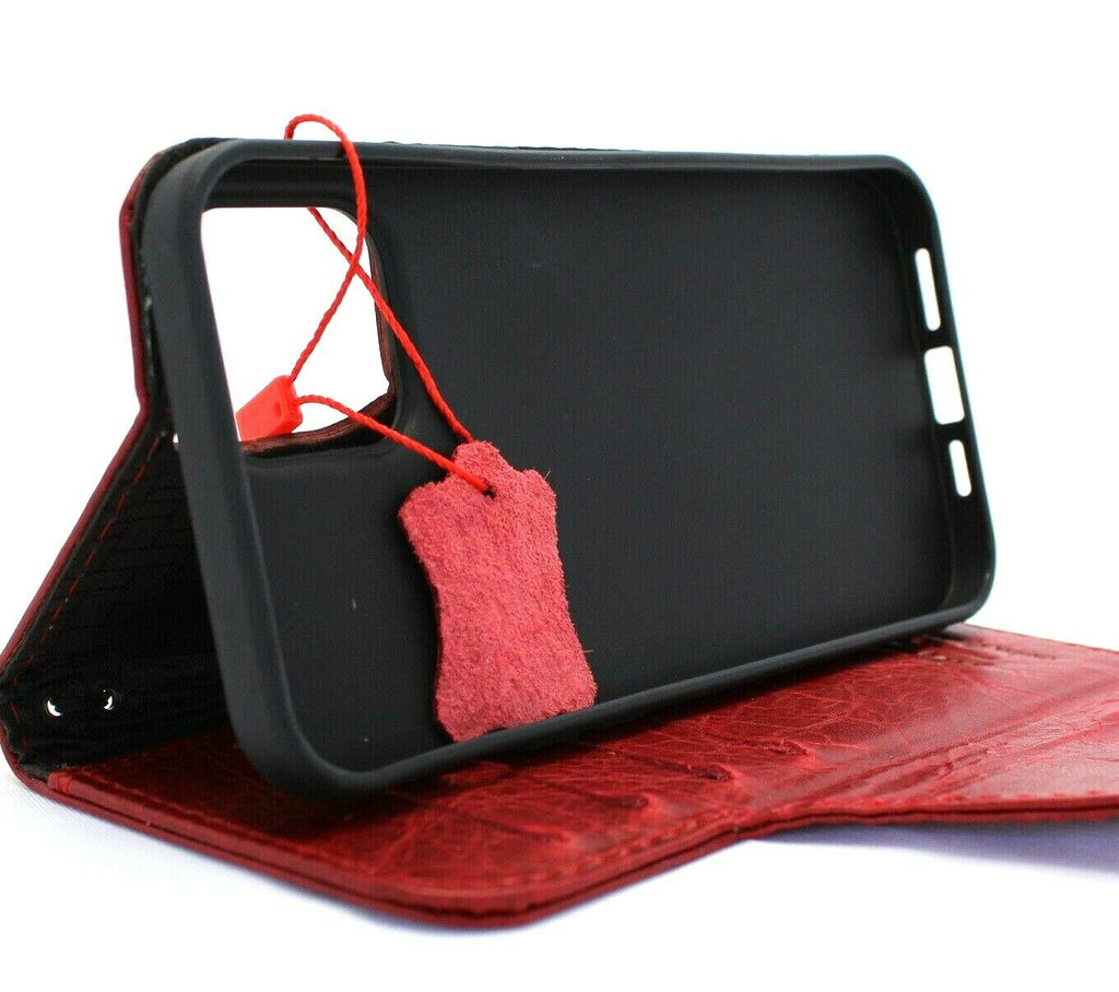 Handmade genuine red leather iPhone 11 Pro Max wallet case with credit card slots, rubber strap, and wireless charging compatibility.