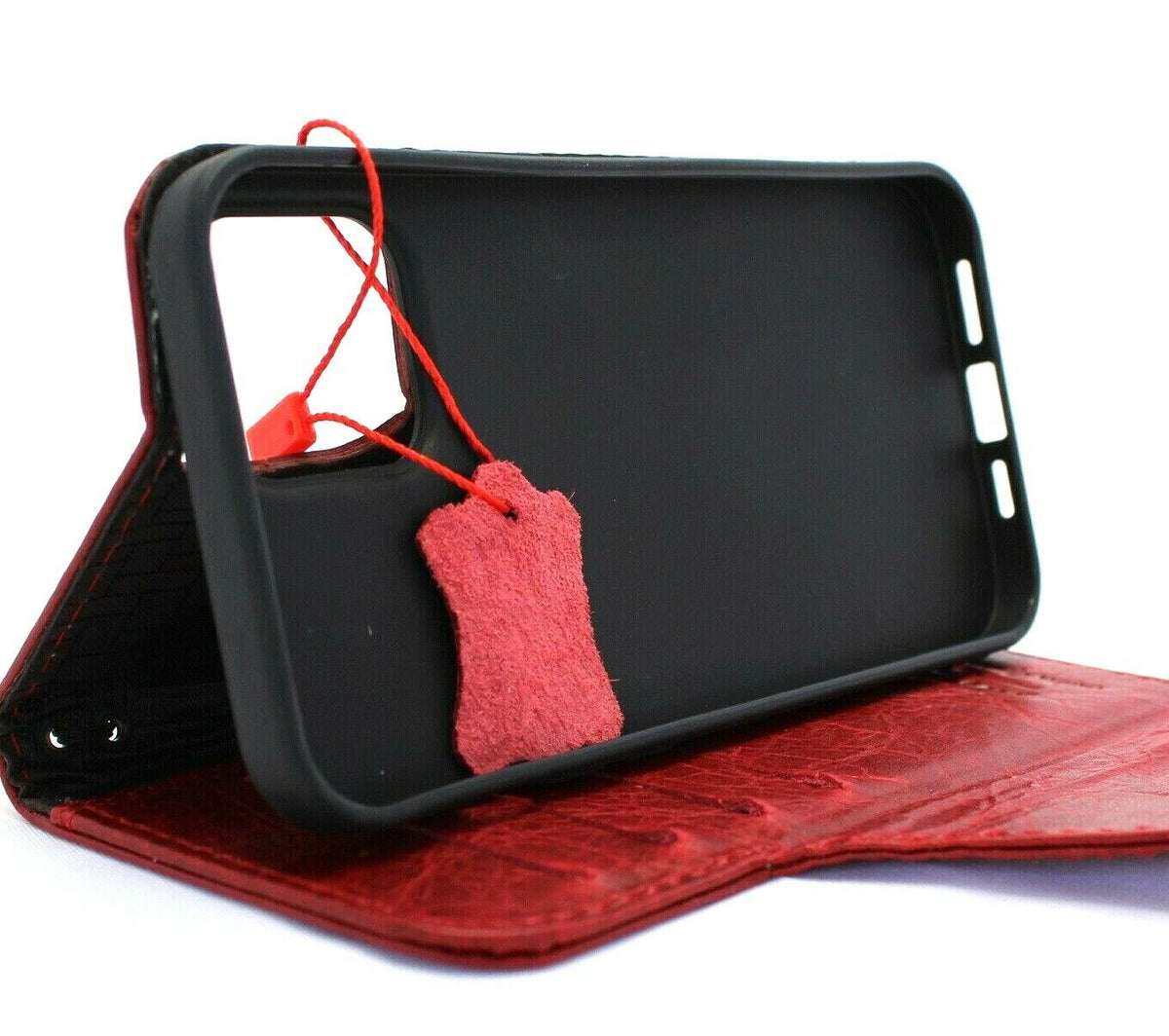 Handmade genuine red leather iPhone 11 Pro Max wallet case with credit card slots, rubber strap, and wireless charging compatibility.