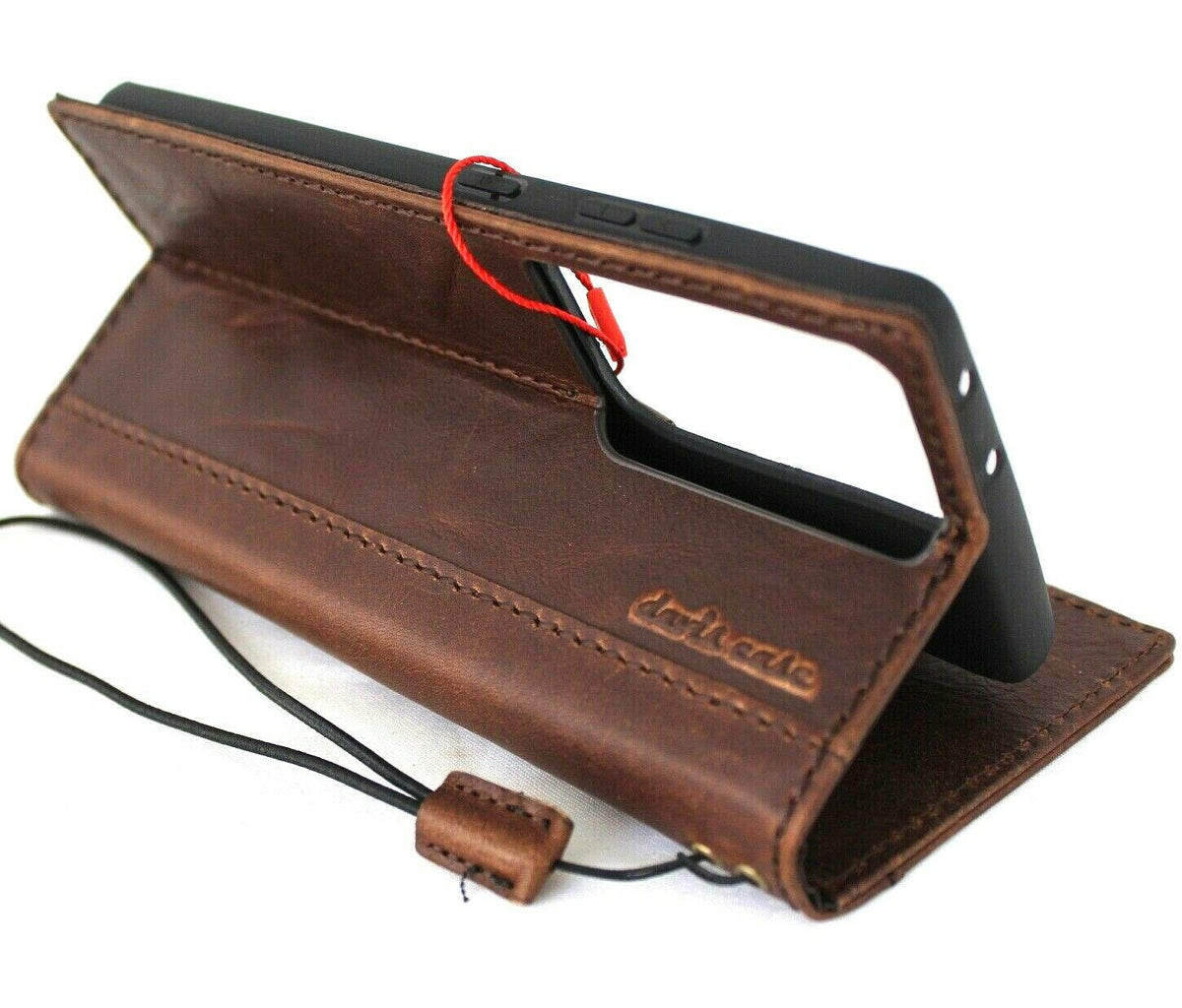 Leather wallet case for Samsung Galaxy S21 Ultra 5G by DAVISCASE, with card slots, ID window, rubber stand, and wireless charging support.