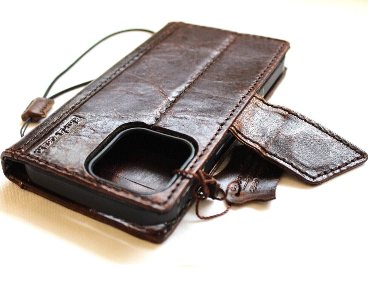 Handcrafted genuine leather phone case for Apple iPhone models, featuring vintage style, credit card slots, dog paw, and tiger stamping.