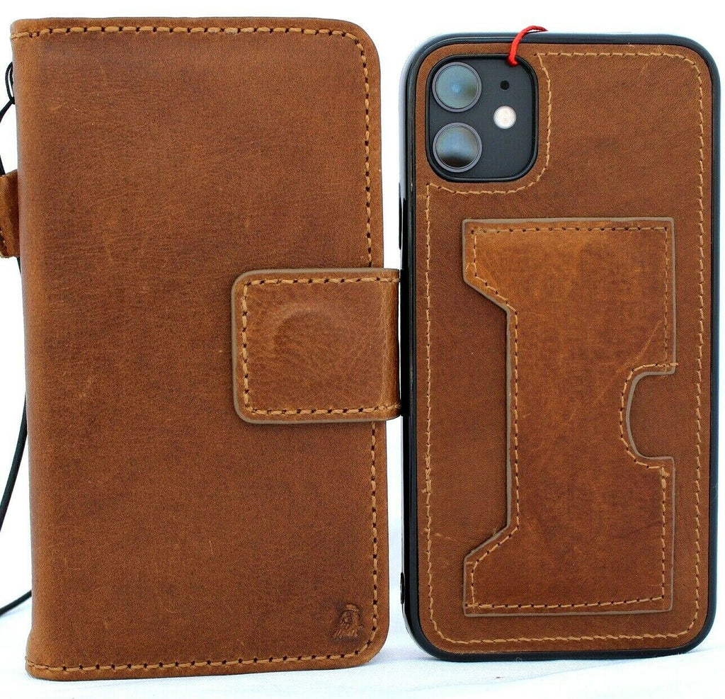 Handmade DAVISCASE genuine leather iPhone 11 Pro Max case with wallet, credit card slots, ID window, and removable Prime holder.