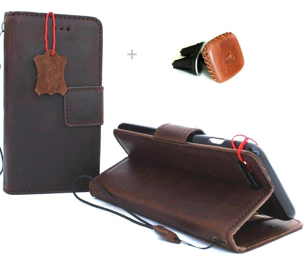 Genuine dark soft leather iPhone SE 2 case with wallet, magnetic closure, slim design, and magnetic car holder attachment.