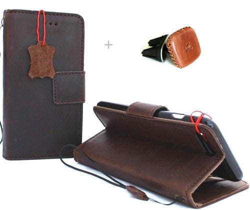 Genuine dark soft leather iPhone SE 2 case with wallet, magnetic closure, slim design, and magnetic car holder attachment.