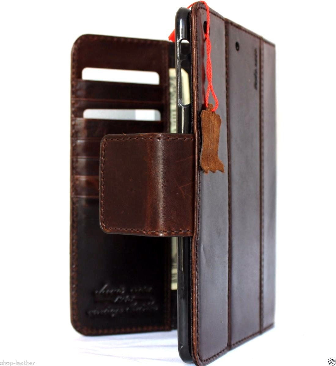 Vintage genuine leather iPad Mini 2/3 case with stand, card slots, and wallet features in a classic design.