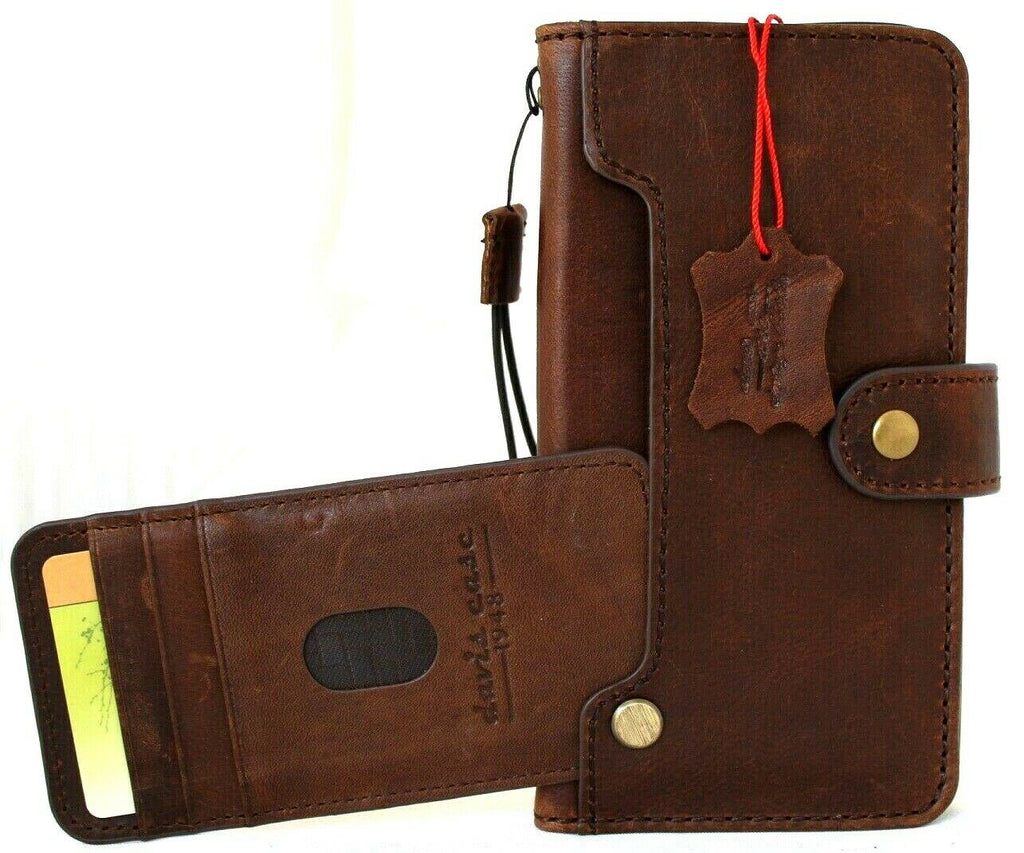 Handmade genuine leather wallet case for iPhone 12-17 Pro Max, Air, 8 Plus, SE by DAVISCASE, featuring vintage style, ID window, and cover.