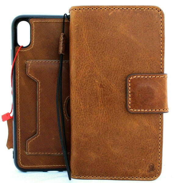 Étui en cuir véritable tanné naturel pour Apple iPhone XR, portefeuille, porte-cartes de crédit, livre d'identité, amovible, luxe, support en caoutchouc, chargement sans fil