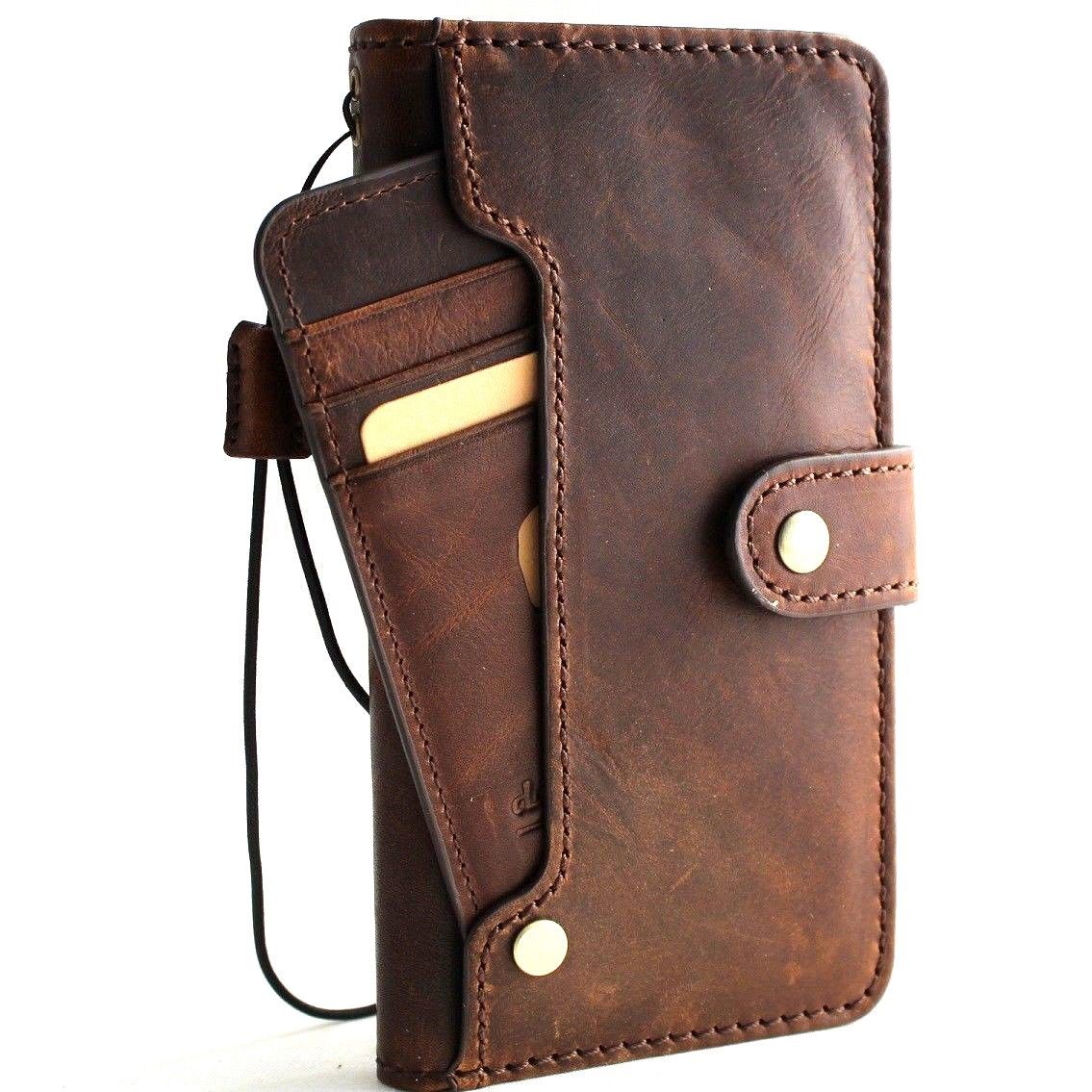 Vintage genuine leather iPhone 8 Plus wallet case by DAVISCASE with card slots, flip design, soft stand, and wireless charging compatibility.