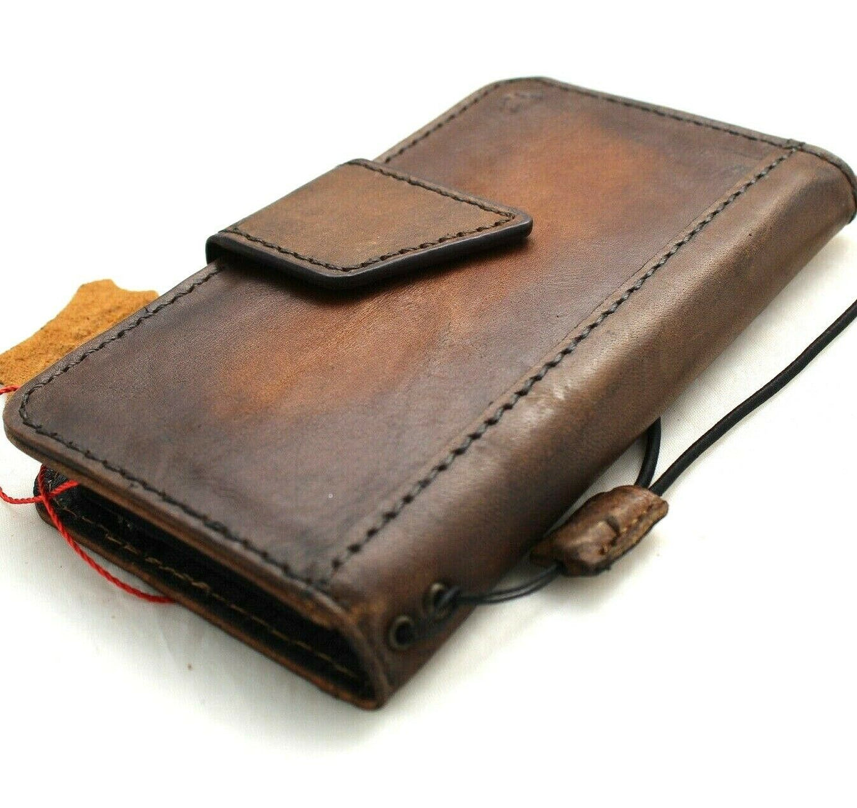 Genuine leather iPhone 13 Mini wallet case by DAVISCASE with vintage magnetic closure, slim soft cover, and card slots.