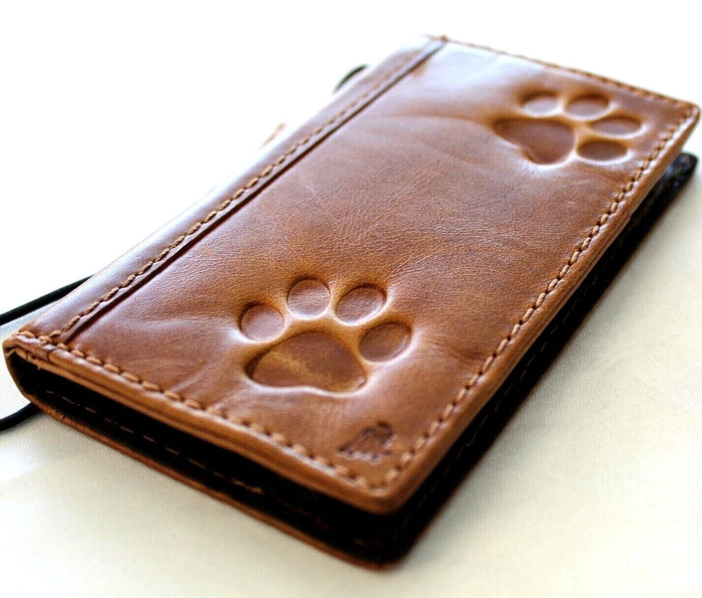 DavisCase genuine leather phone wallet case for iPhone 11-15 Pro Max, vintage handcrafted design with dog paw pattern and credit card slots