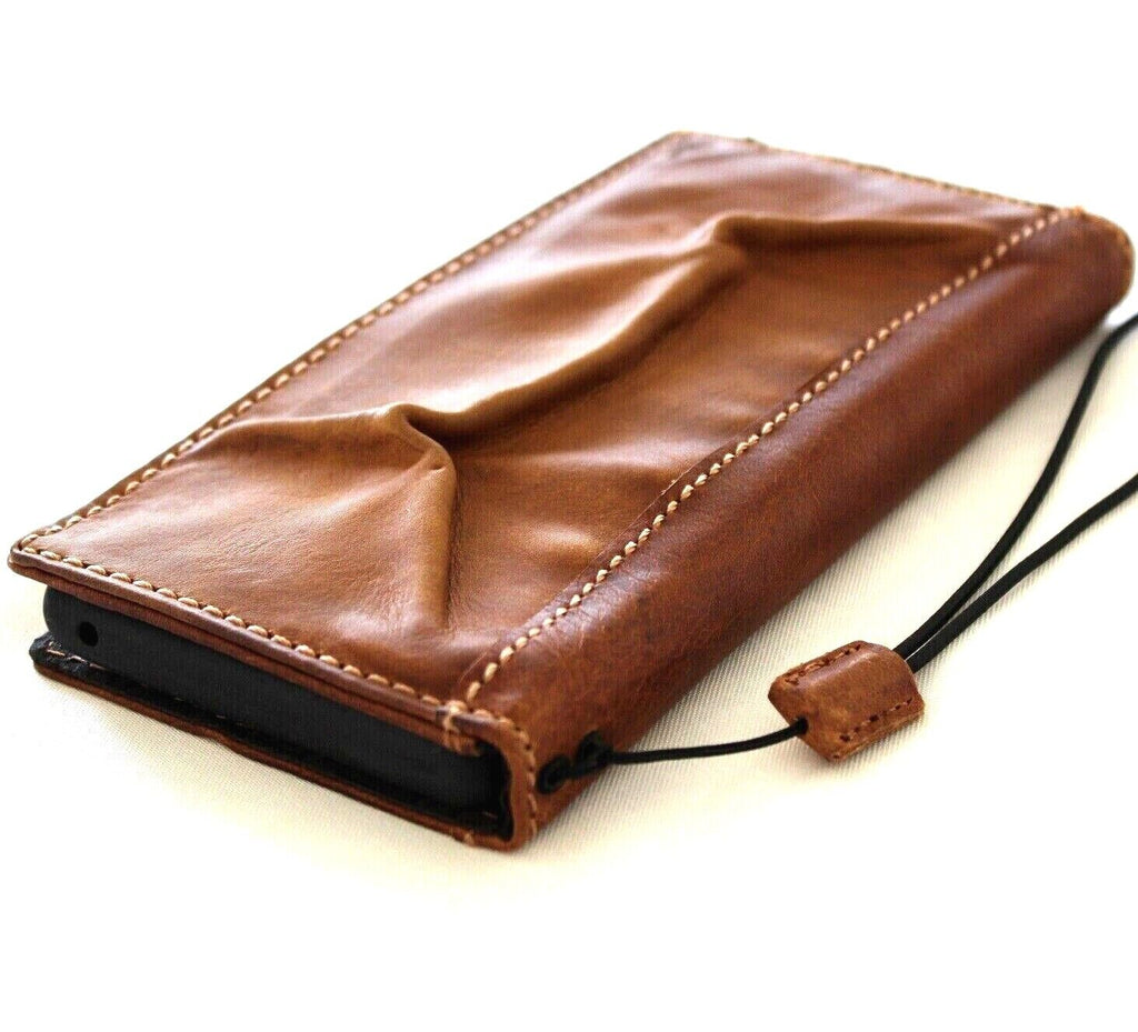 DavisCase genuine leather phone case for iPhone 11-16 Pro Max, tan vintage-style wallet with credit card slots and full grain leather finish
