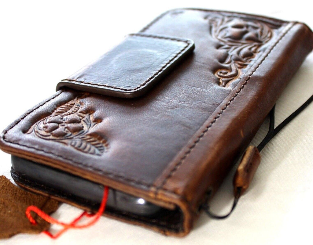 Handmade leather phone case by DAVISCASE for iPhone 11-15 Pro Max, vintage style with ID window, credit card slots, full grain leather.