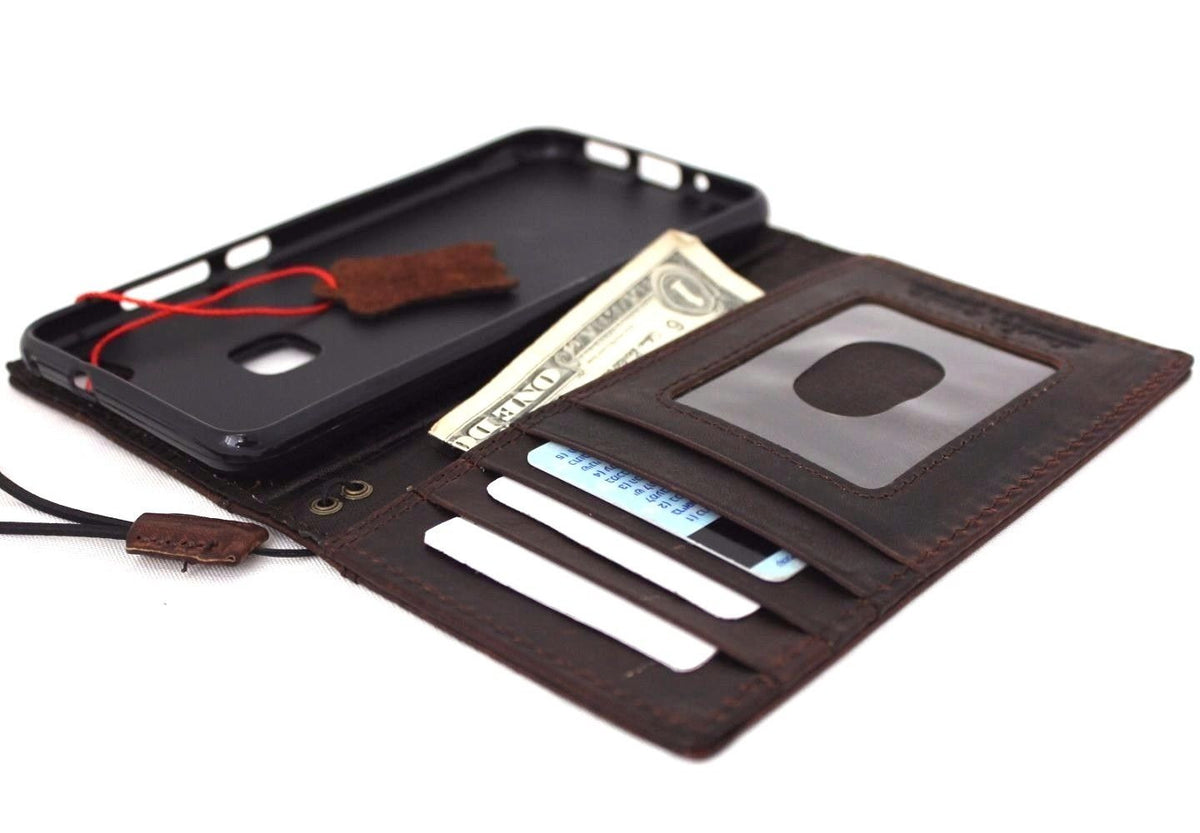 Genuine brown leather phone case for Huawei P10 Lite, handmade slim wallet cover with card slots and luxury design.