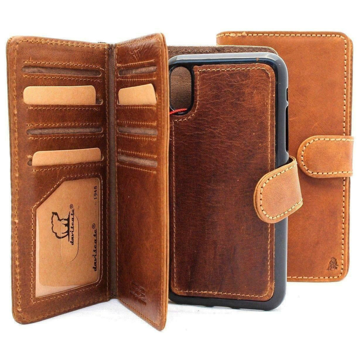 Genuine soft leather iPhone X case by DAVISCASE with wallet, credit holder, magnetic closure, and removable AirPods 2 case