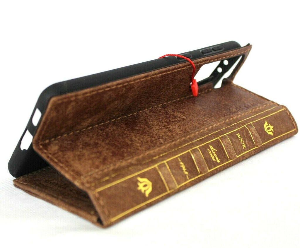 Genuine leather Samsung Galaxy S21 Plus 5G Bible tan wallet case with card slots, wireless charging holder, and ID window by DAVISCASE.