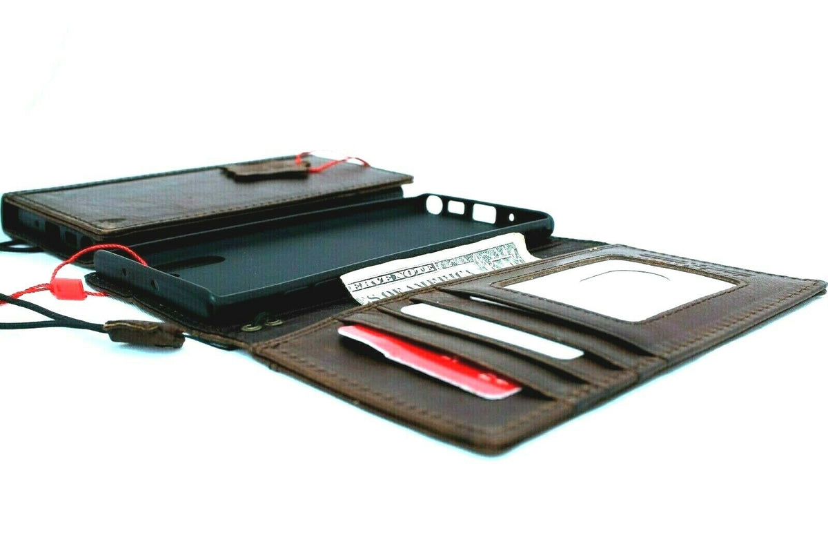Genuine full leather Samsung Galaxy Note 10 book-style phone case with slots, rubber holder, stand, and window viewing feature.
