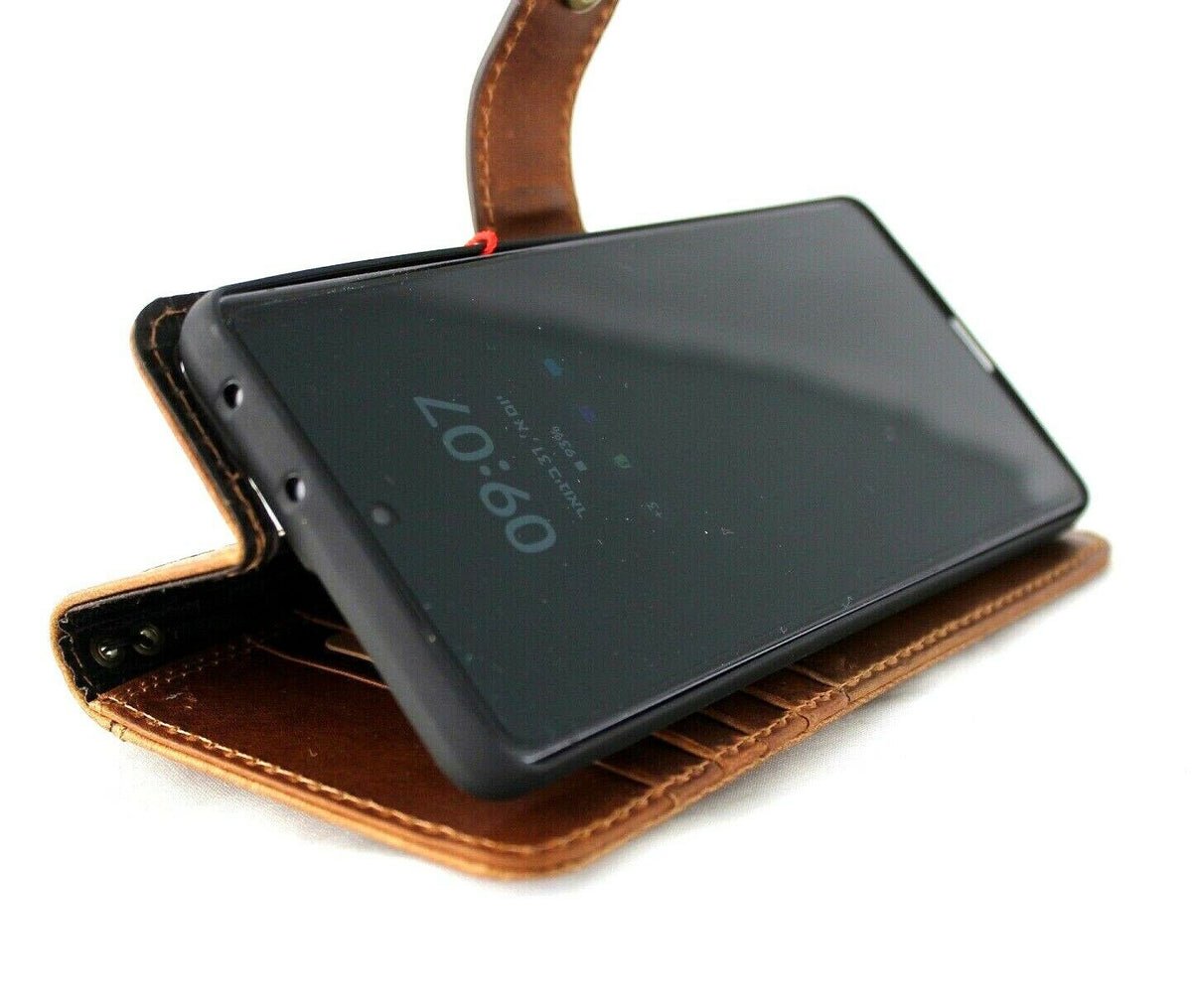 Genuine tan leather Samsung Galaxy S21 Ultra 5G case by DAVISCASE with wallet design, handmade leather cover and rubber holder.