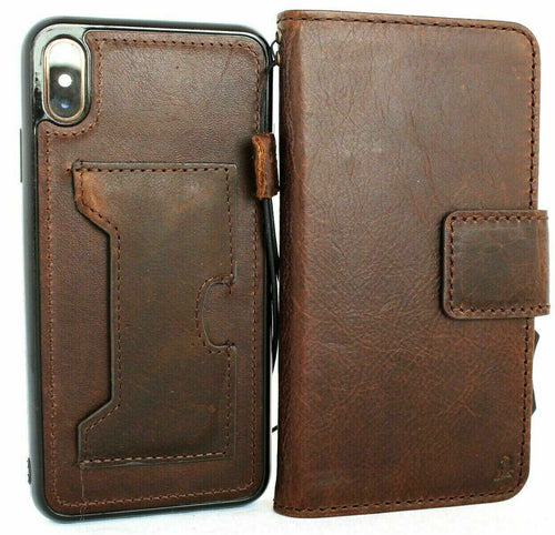 Genuine dark leather Apple iPhone XS case by DAVISCASE with vintage wallet design, magnetic closure, credit card slots, and removable cover.