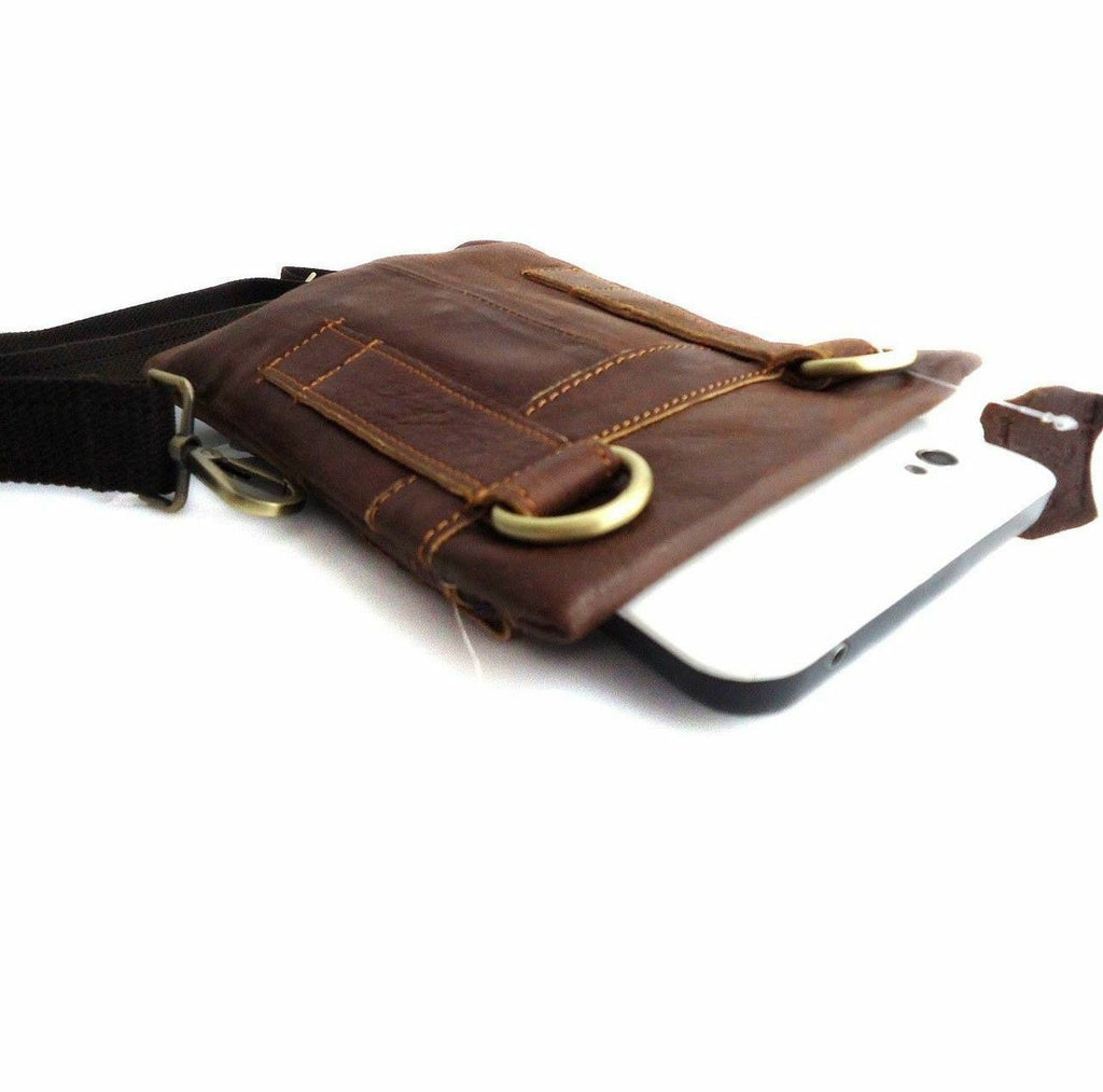 Genuine leather shoulder bag with zipper pocket and waist tablet pouch for men and women by DAVISCASE.