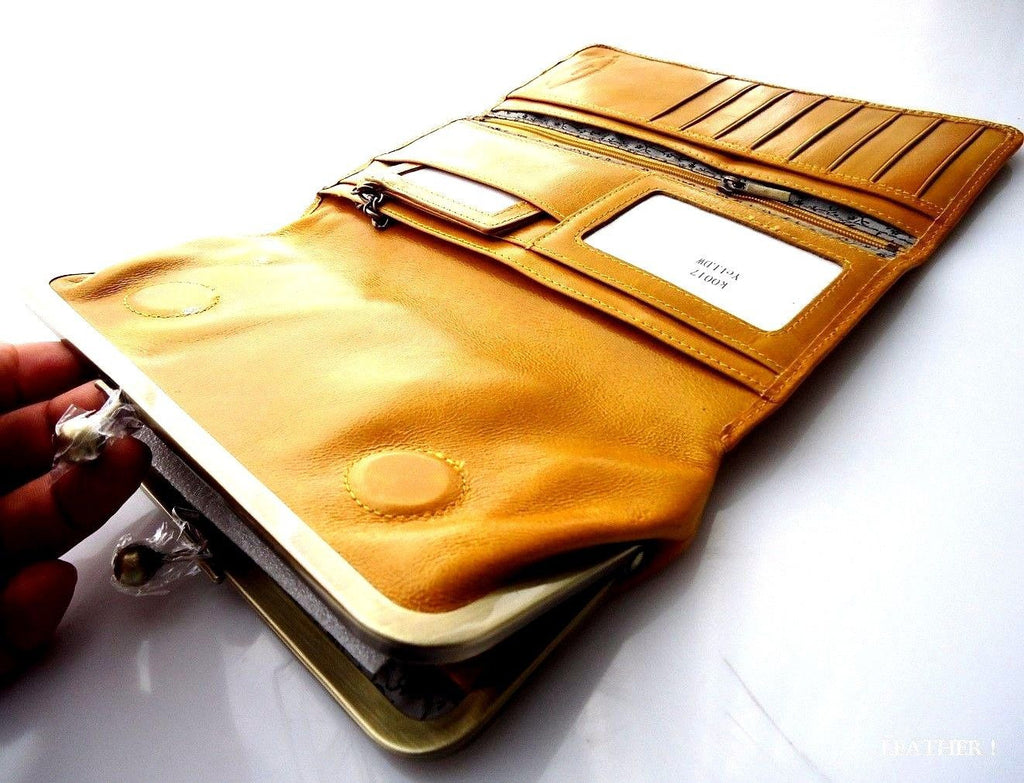 Yellow genuine leather women's wallet with card slots, clutch design, and coin pouch by DAVISCASE.
