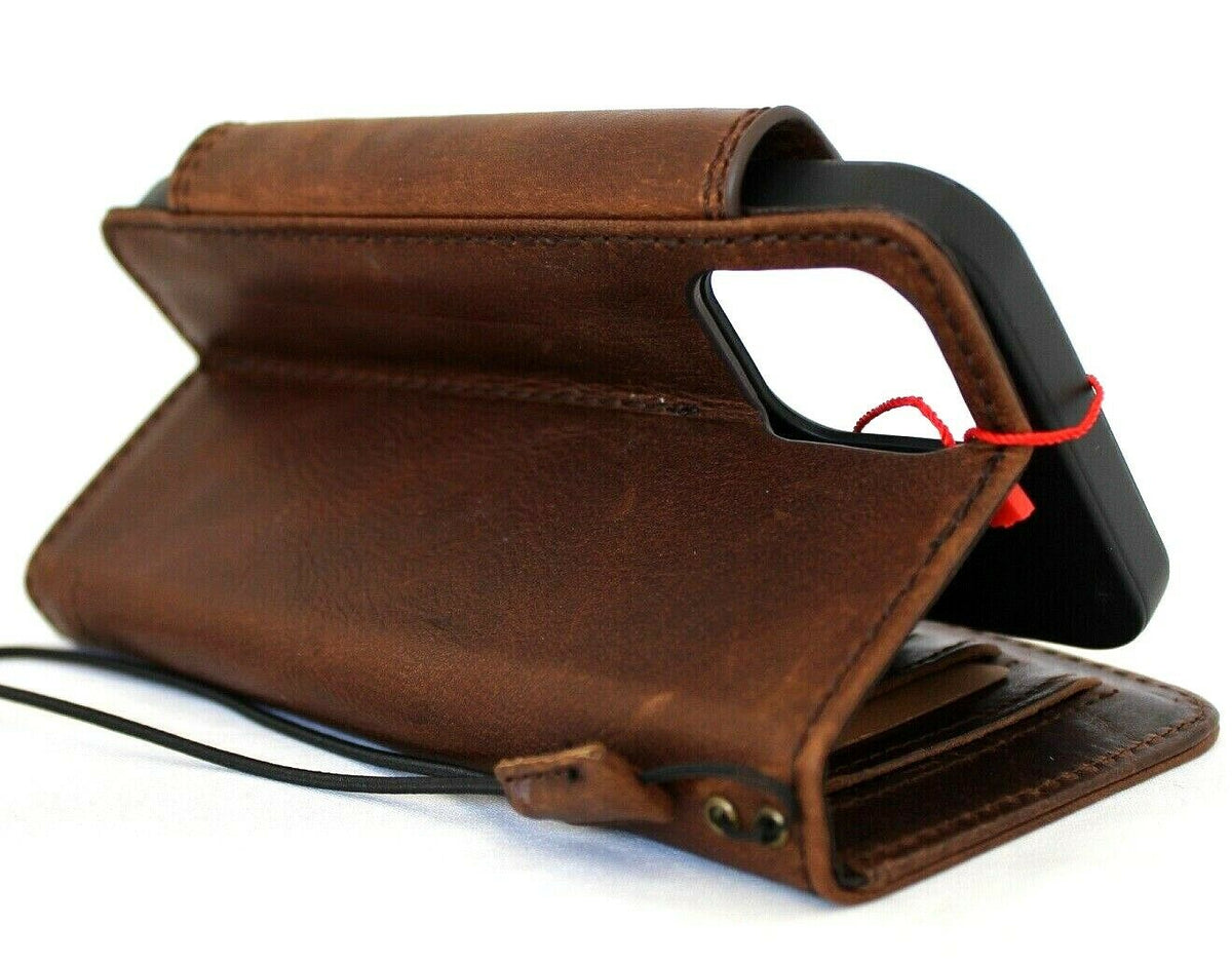 Genuine dark soft leather Apple iPhone 12 Pro Max case with vintage book wallet style, credit card slots, slim design, by DAVISCASE.