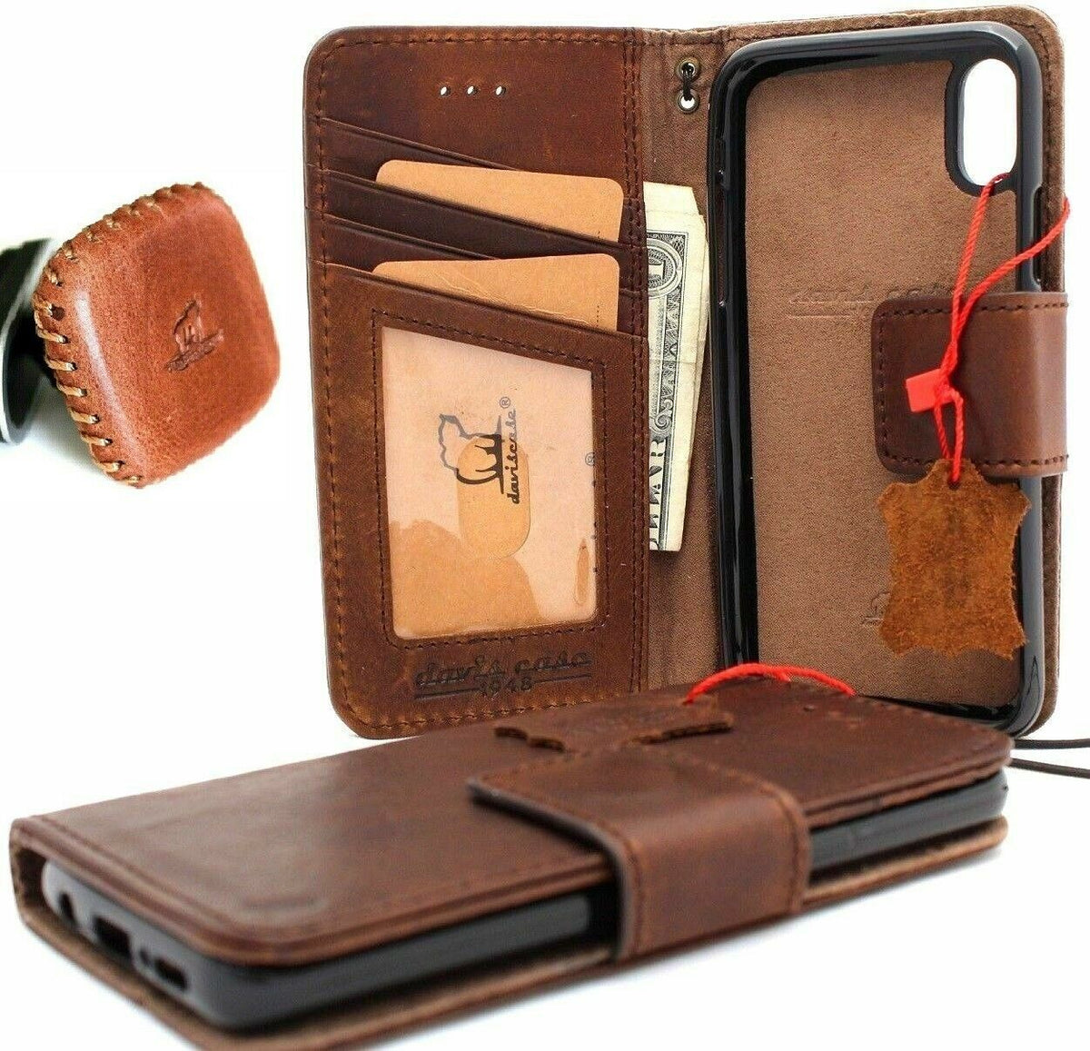 Genuine full leather iPhone XS case by DAVISCASE with wallet features, credit card slots, magnetic closure, and removable stand.