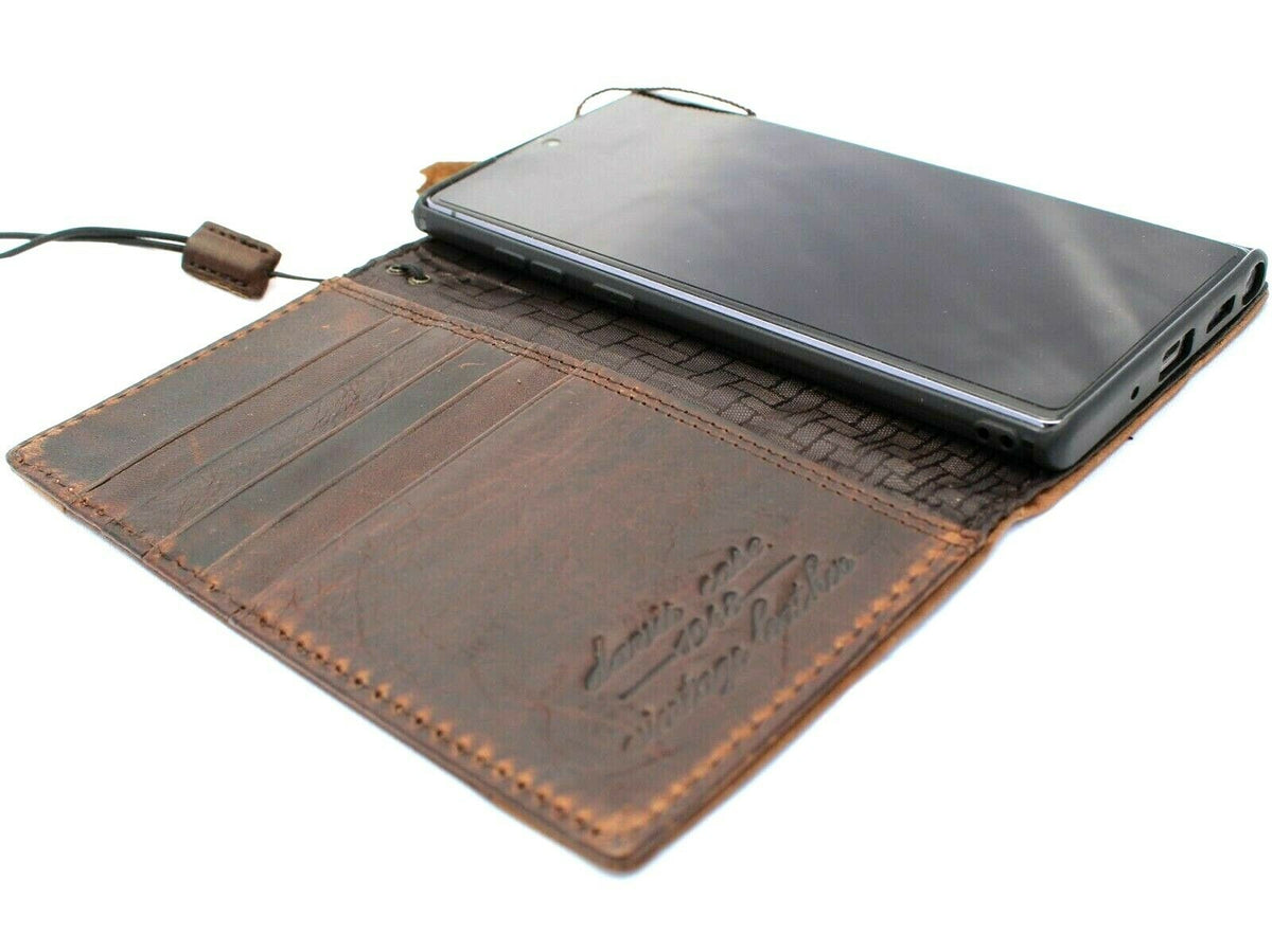 Genuine leather wallet case for Samsung Galaxy Note 10 Plus, DavisCASE slim holder with card slots, ID window, and rubber stand.