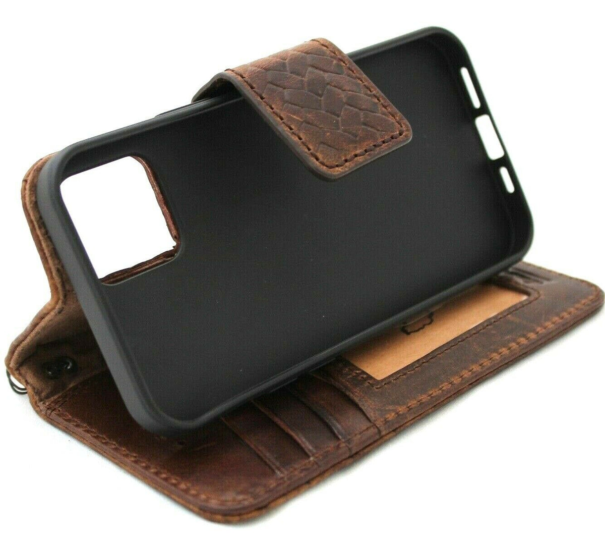 Handmade DAVISCASE genuine dark leather iPhone 12 Pro book wallet case with ID window, credit card slots, magnetic closure, vintage style