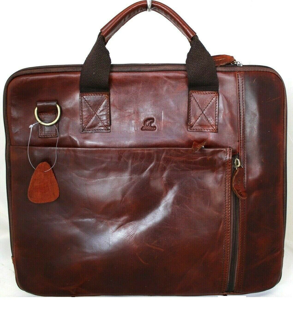Mens DAVISCASE genuine leather shoulder messenger bag with crossbody strap, brown briefcase for laptop and iPad, classic style.