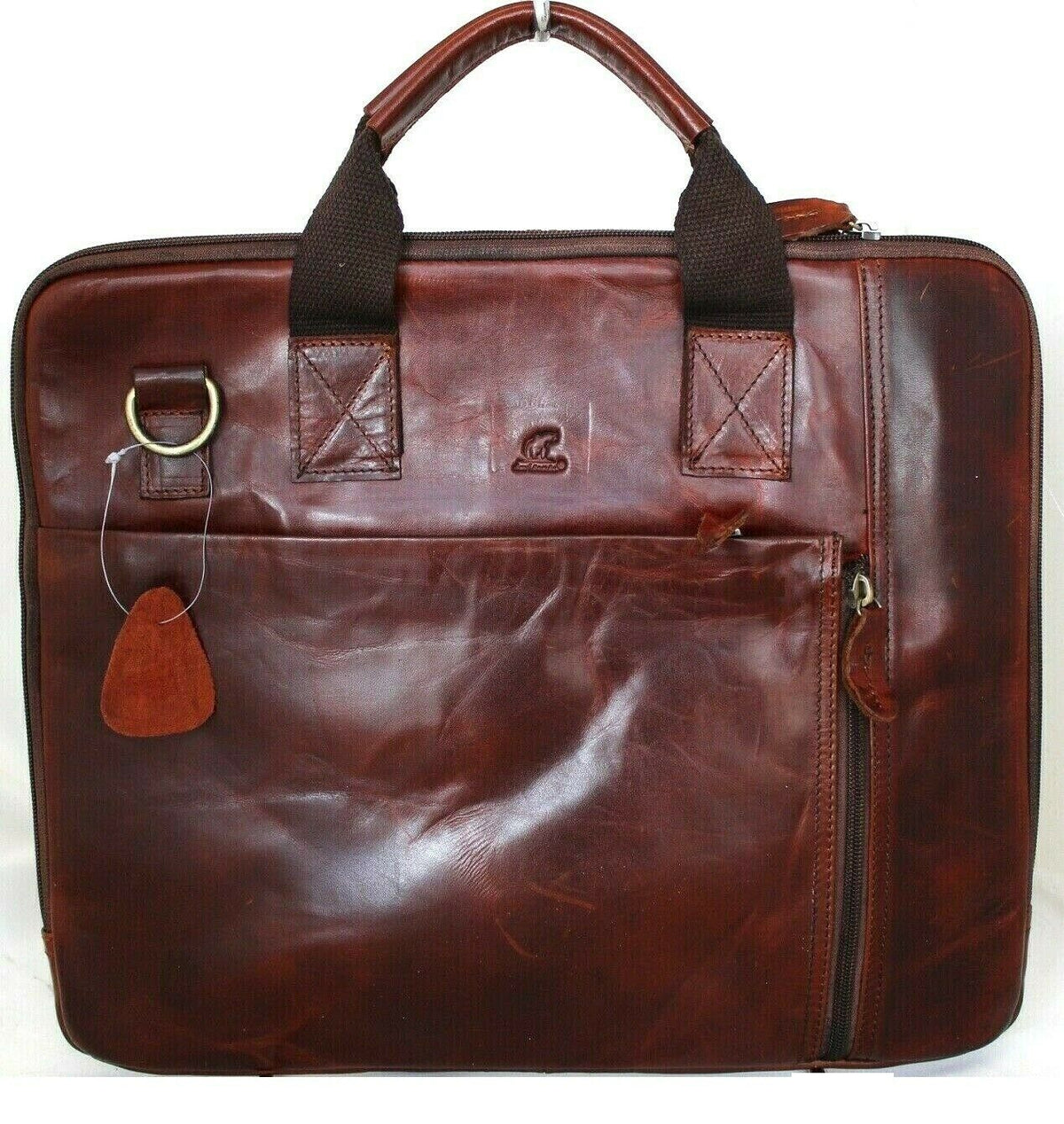 Mens DAVISCASE genuine leather shoulder messenger bag with crossbody strap, brown briefcase for laptop and iPad, classic style.