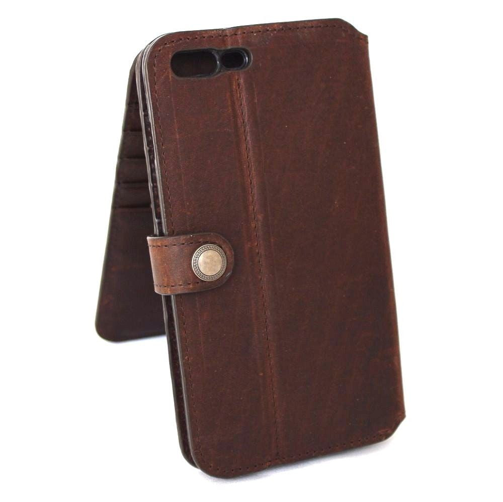 Luxury brown genuine leather iPhone 8 wallet case with card slots, RFID protection, book closure, handmade design, vendor-unknown.
