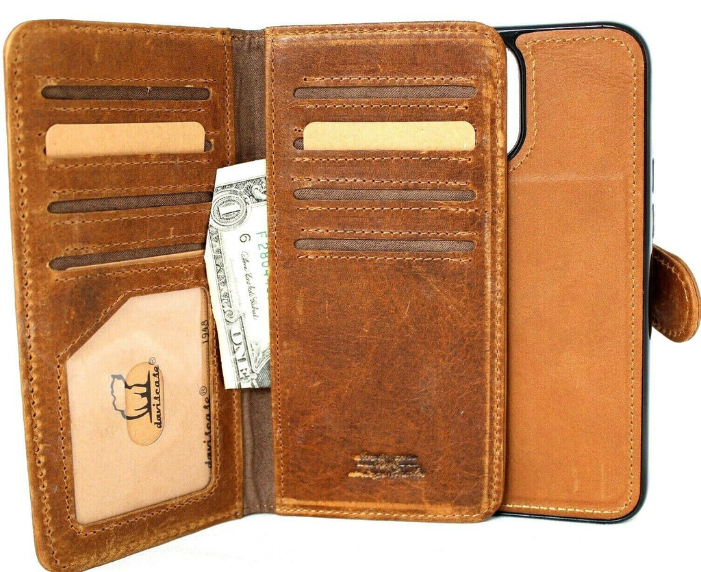 Handmade genuine tan leather iPhone 12 book wallet case with credit card slots and magnetic cover by DAVISCASE.