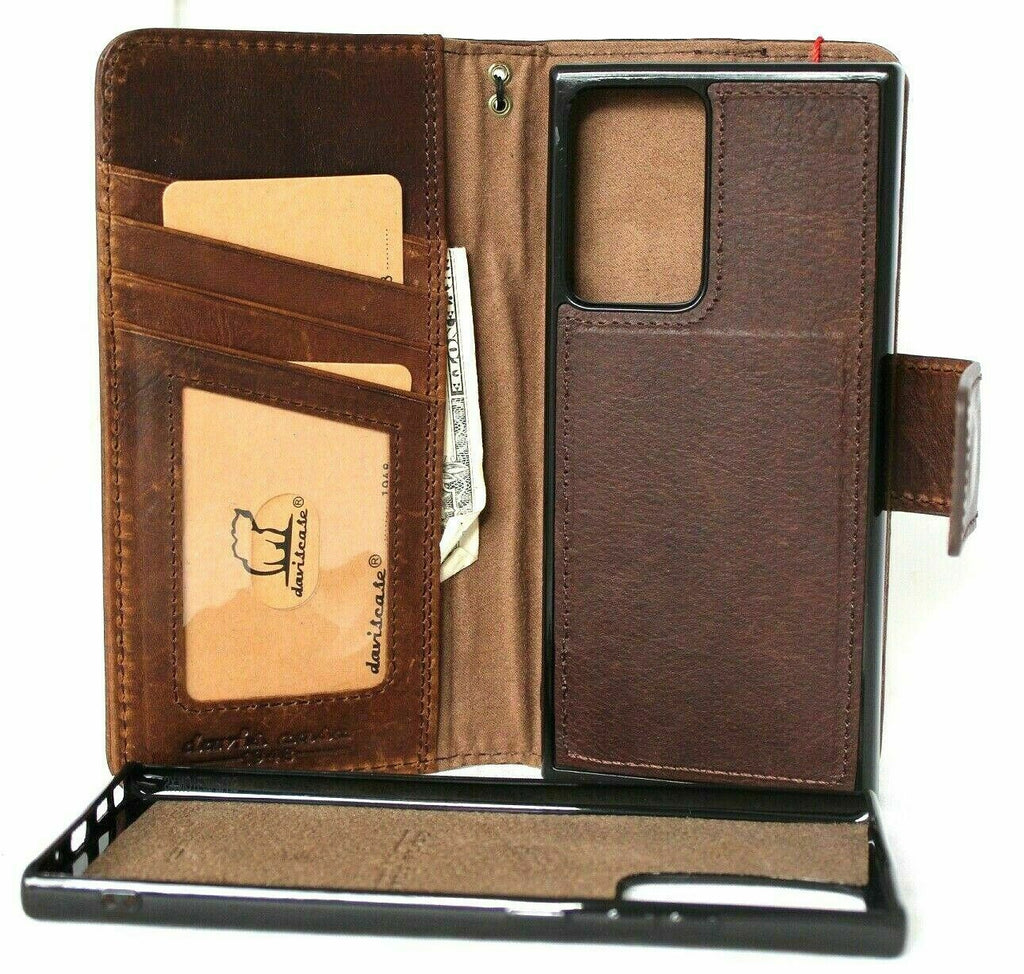 Genuine dark leather Samsung Galaxy Note 20 Ultra case with wallet, card slots, detachable holder, magnetic closure, and magnetic car holder.